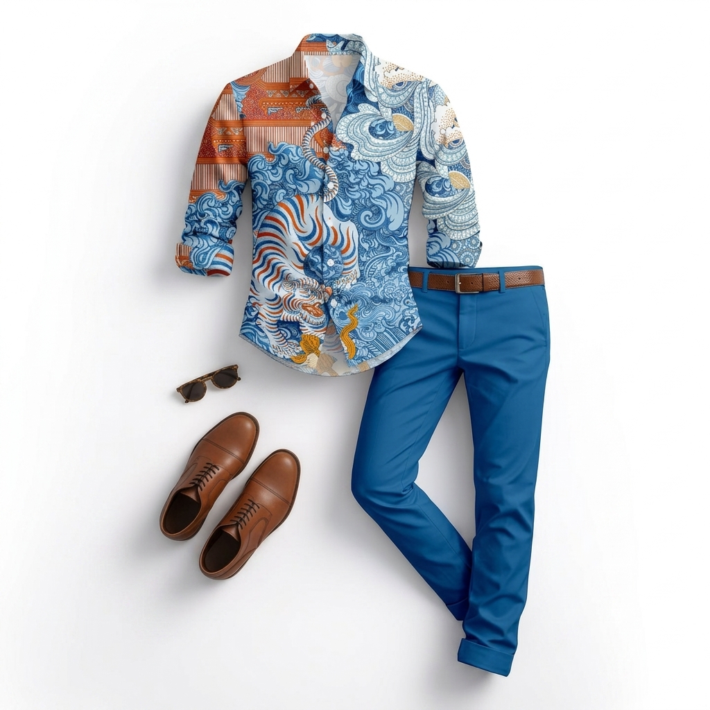 Men's Casual Blue Auspicious Clouds Color Matching Geometric Printed Long Sleeved Shirt & Trousers Two-Piece Set