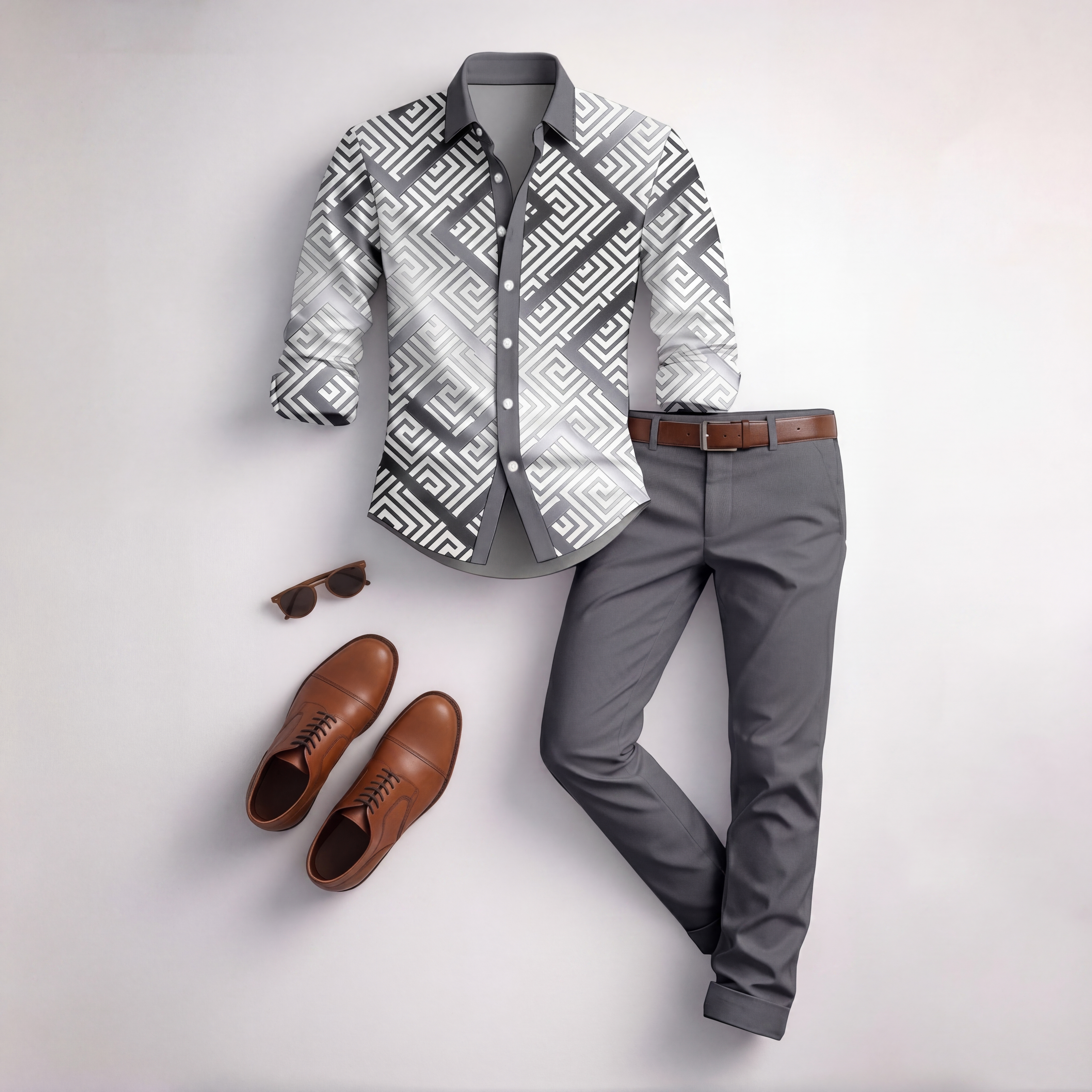 Men's Casual Gray & White Color Matching Gradient Checkered Printed Long Sleeved Shirt & Trousers Two-Piece Set