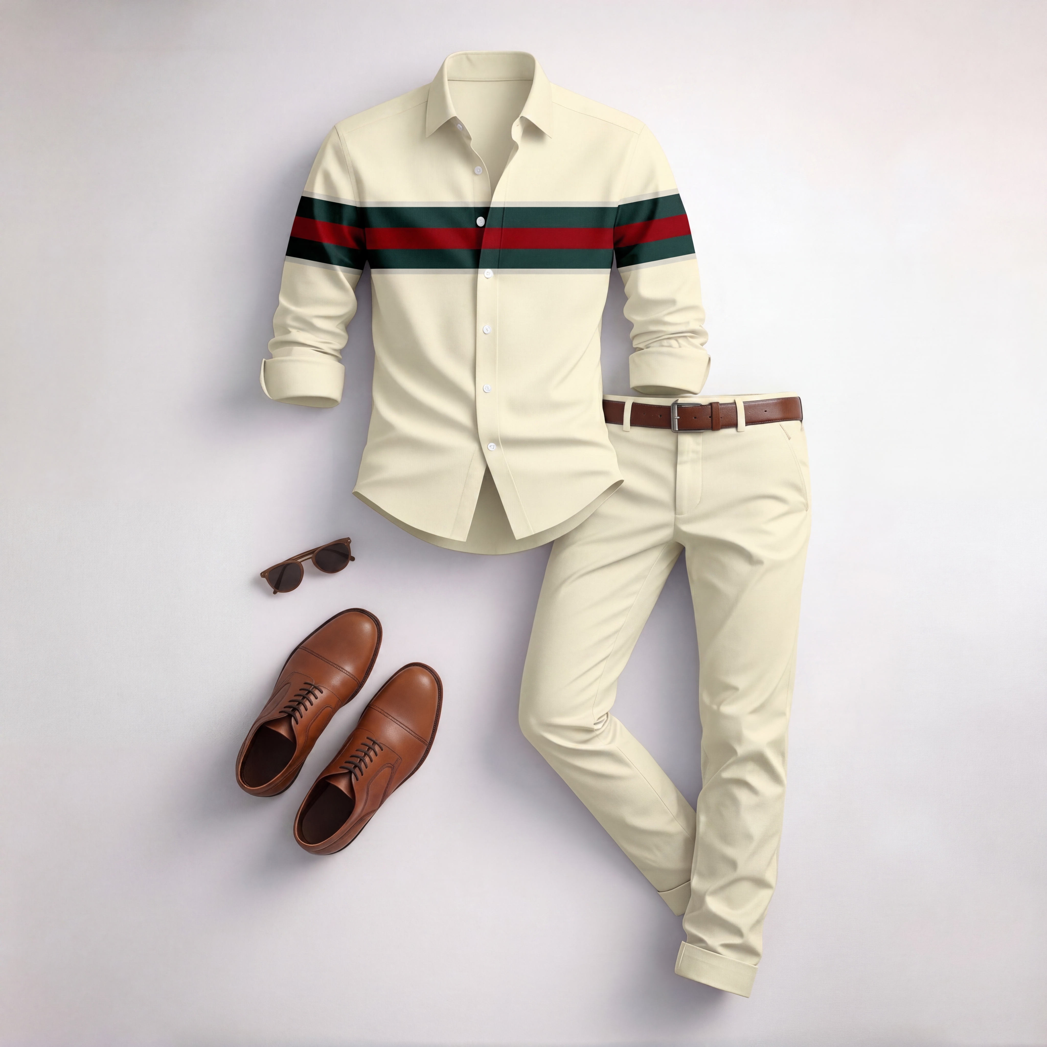 Men's Casual Apricot & Red Color Matching Striped Printed Long Sleeved Shirt & Trousers Two-Piece Set