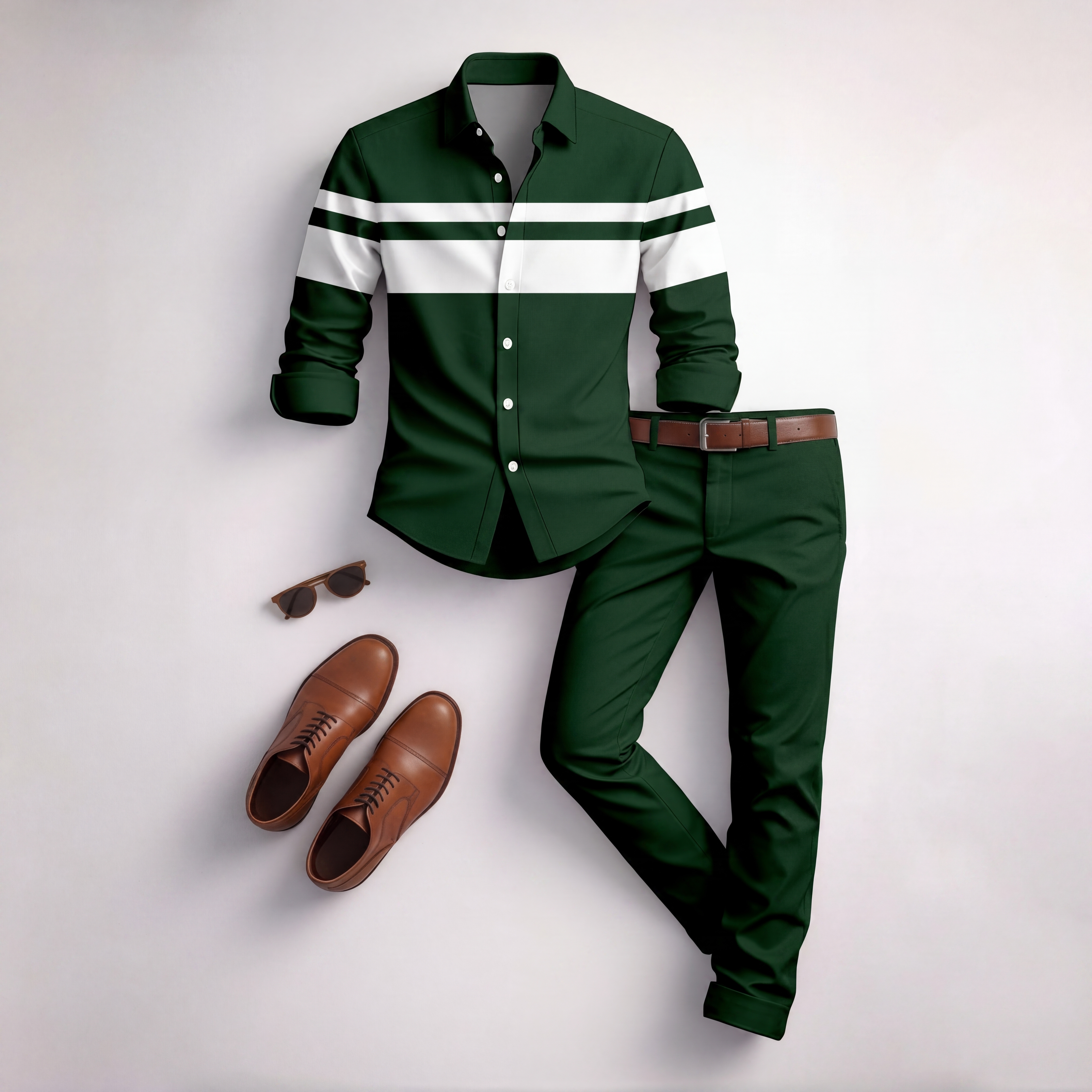 Men's Casual Green & White Color Matching Striped Printed Long Sleeved Shirt & Trousers Two-Piece Set