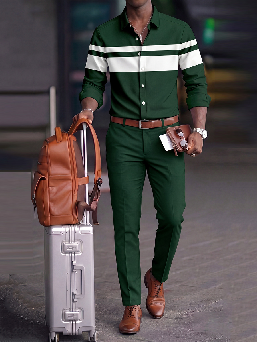 Men's Casual Green & White Color Matching Striped Printed Long Sleeved Shirt & Trousers Two-Piece Set