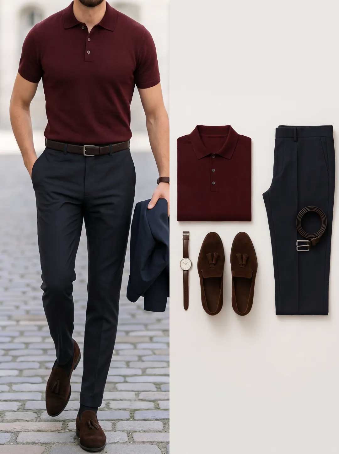 Men's Dark Red & Navy Blue Color Matching Short Sleeves Polo Shirt & Chion Pants Two-Piece Set