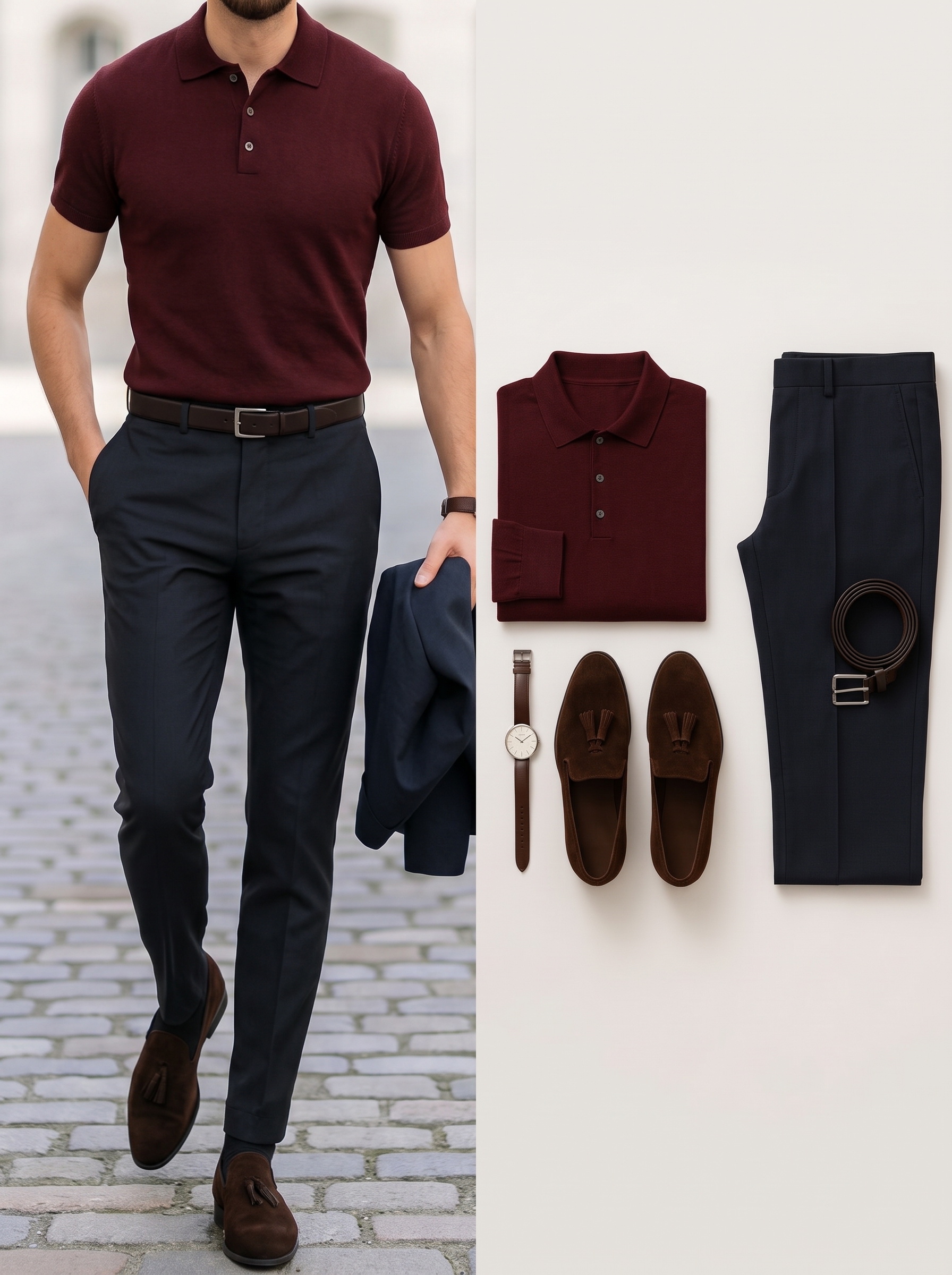Men's Dark Red & Black Color Matching Short Sleeves Polo Shirt & Chion Pants Two-Piece Set