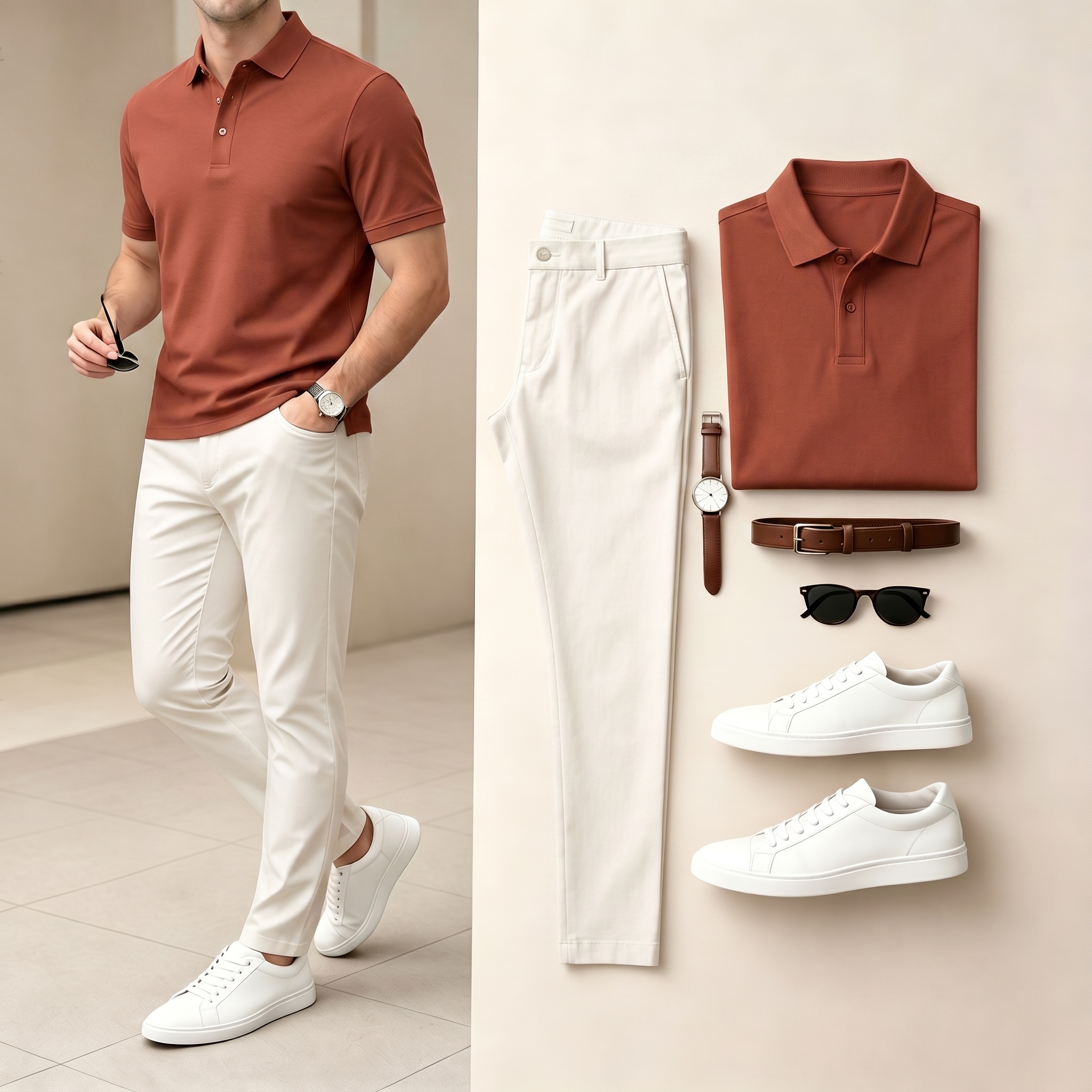 Men's Casual Red Orange & Beige Color Matching Short Sleeves Polo Shirt & Pants Two-Piece Set