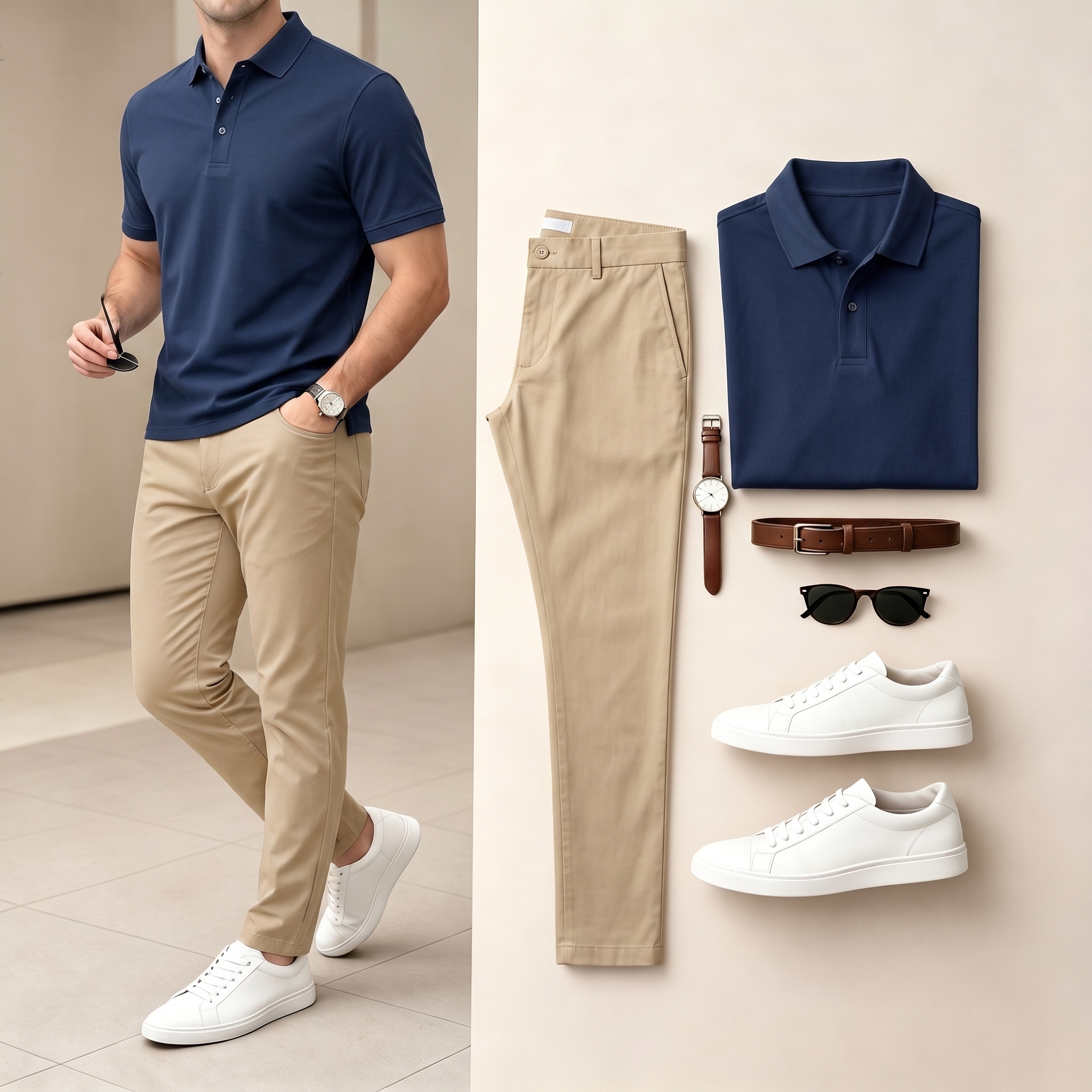 Men's Casual Navy Blue & Khaki Color Matching Short Sleeves Polo Shirt & Pants Two-Piece Set