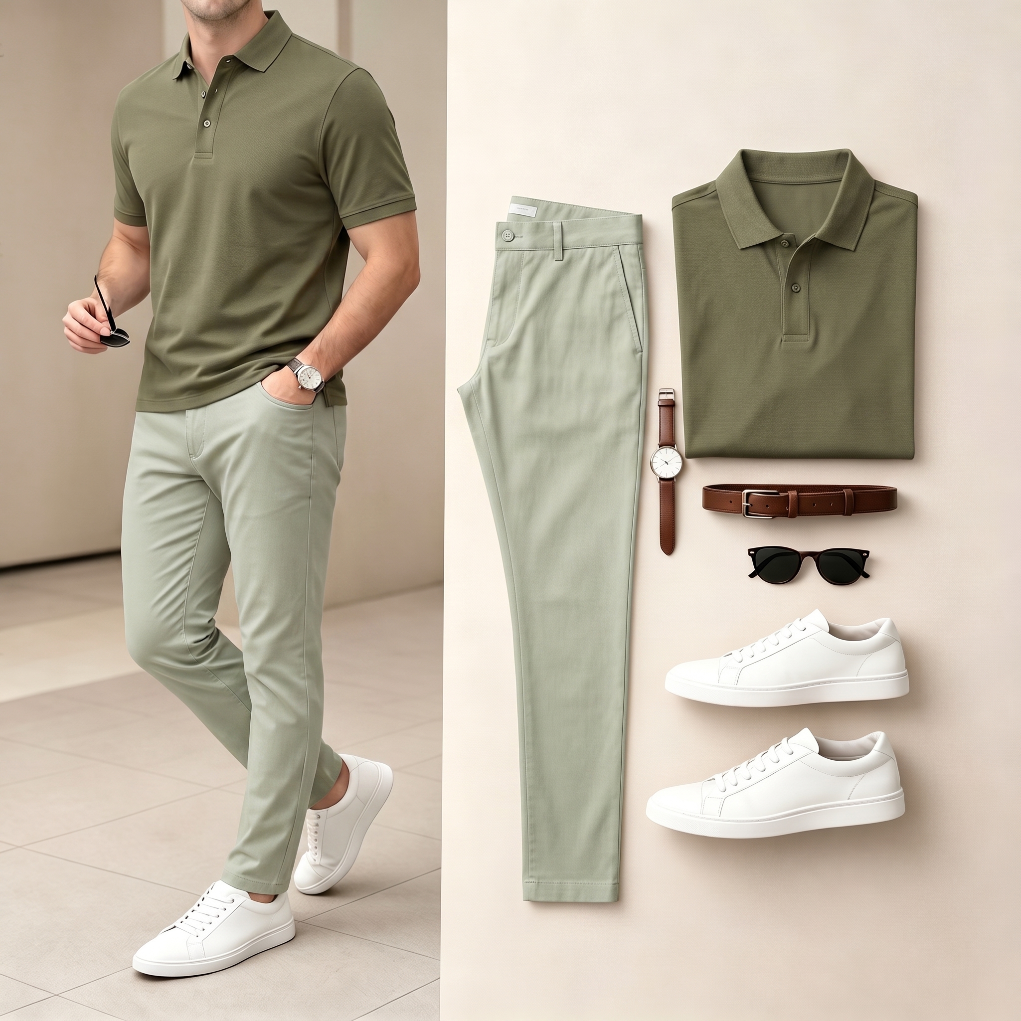 Men's Casual Army Green & Light Green Color Matching Short Sleeves Polo Shirt & Pants Two-Piece Set