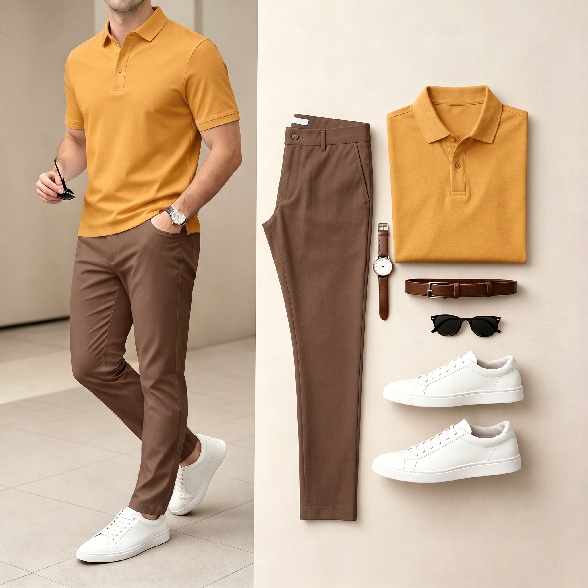 Men's Casual Ginger Yellow & Brown Color Matching Short Sleeves Polo Shirt & Pants Two-Piece Set