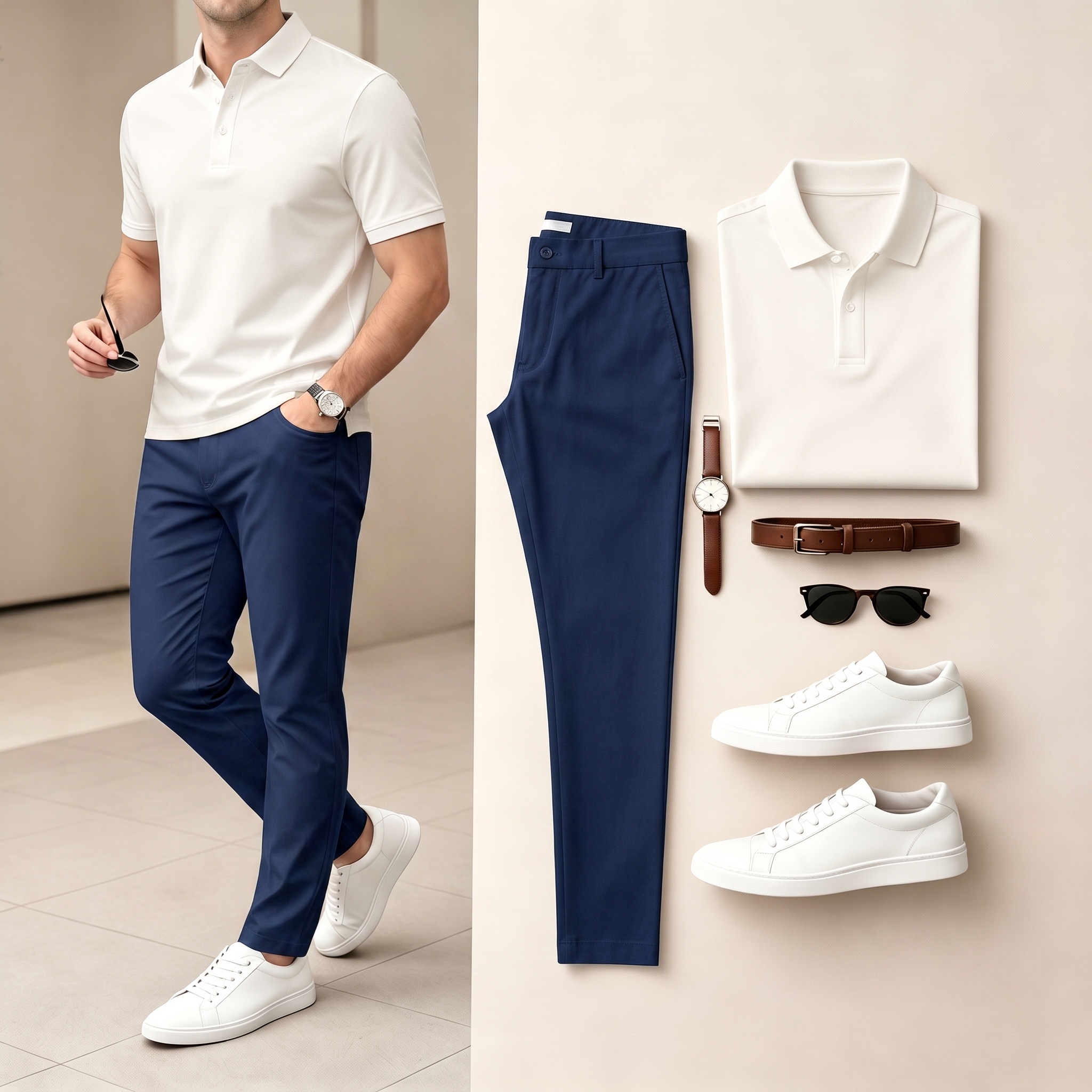 Men's Casual Beige & Navy Color Matching Short Sleeves Polo Shirt & Pants Two-Piece Set
