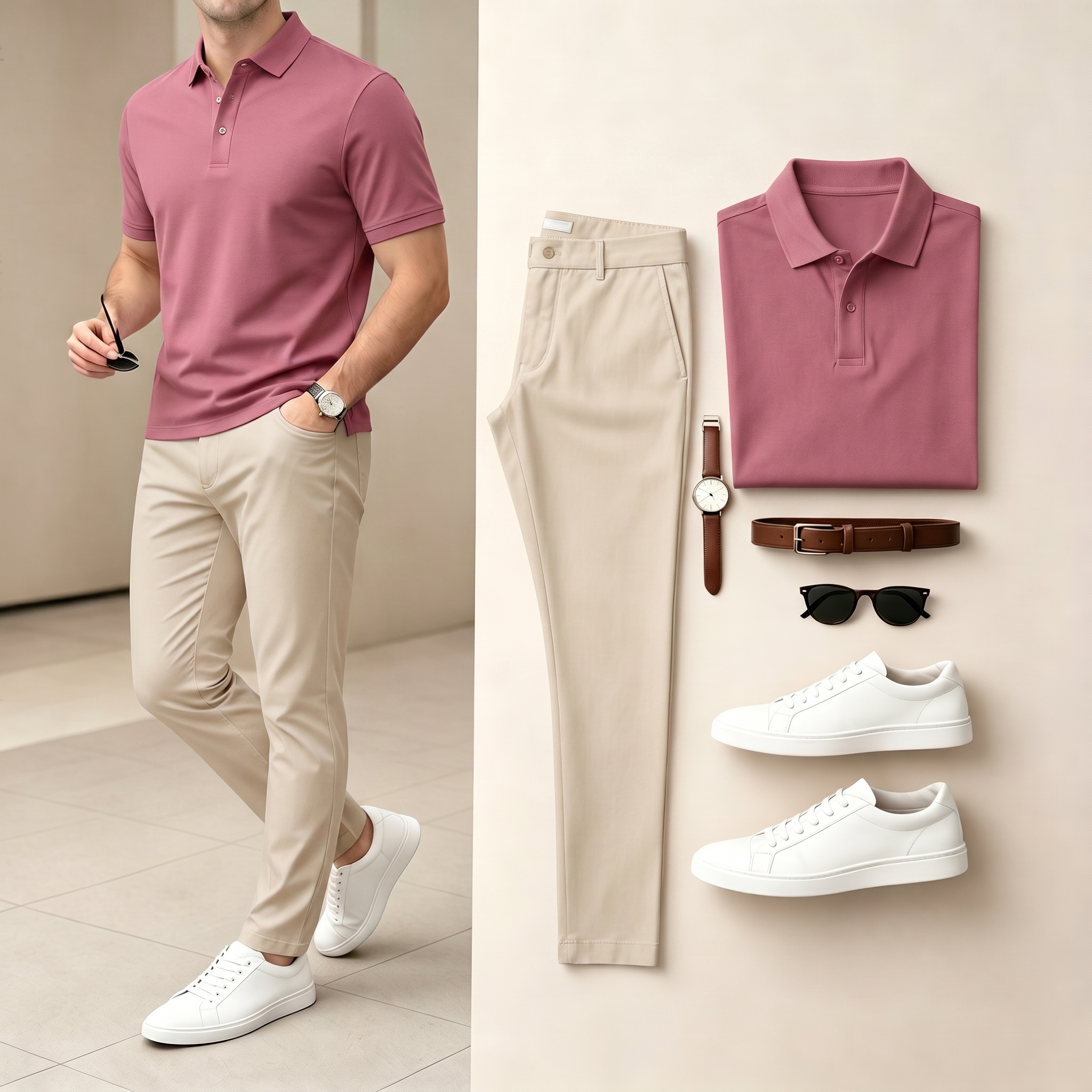 Men's Casual Pink & Beige Color Matching Short Sleeves Polo Shirt & Pants Two-Piece Set
