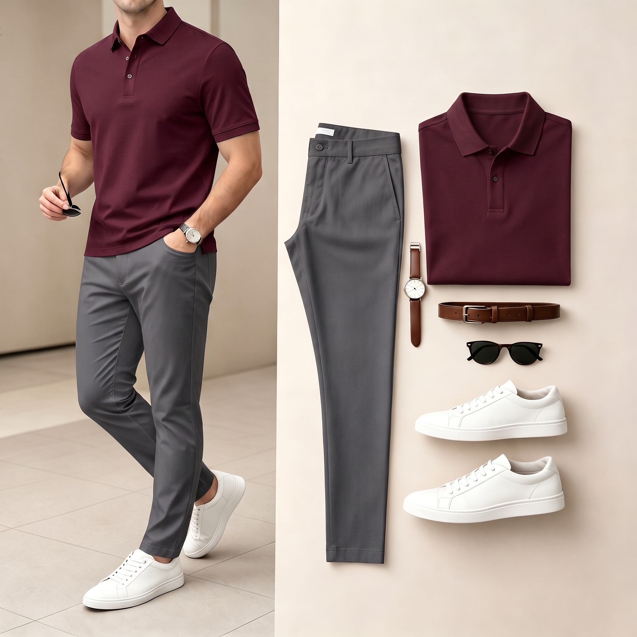 Men's Casual Burgundy & Dark Gray Color Matching Short Sleeves Polo Shirt & Pants Two-Piece Set