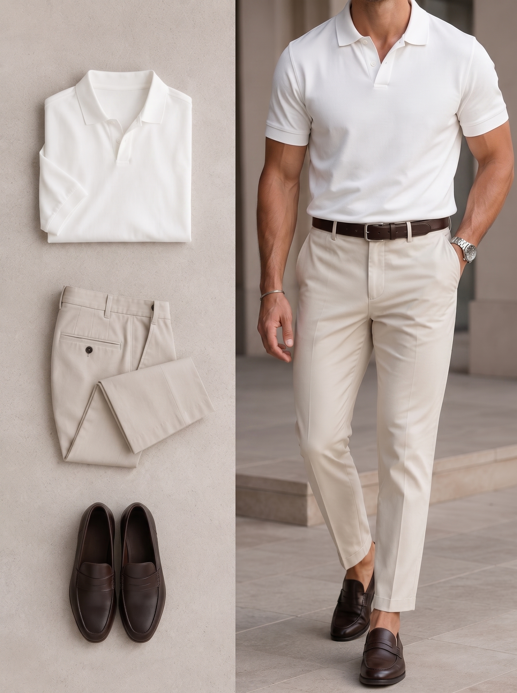 Men's Casual White & Light Khaki Color Short Sleeves Polo Shirt & Pants Two Piece Set