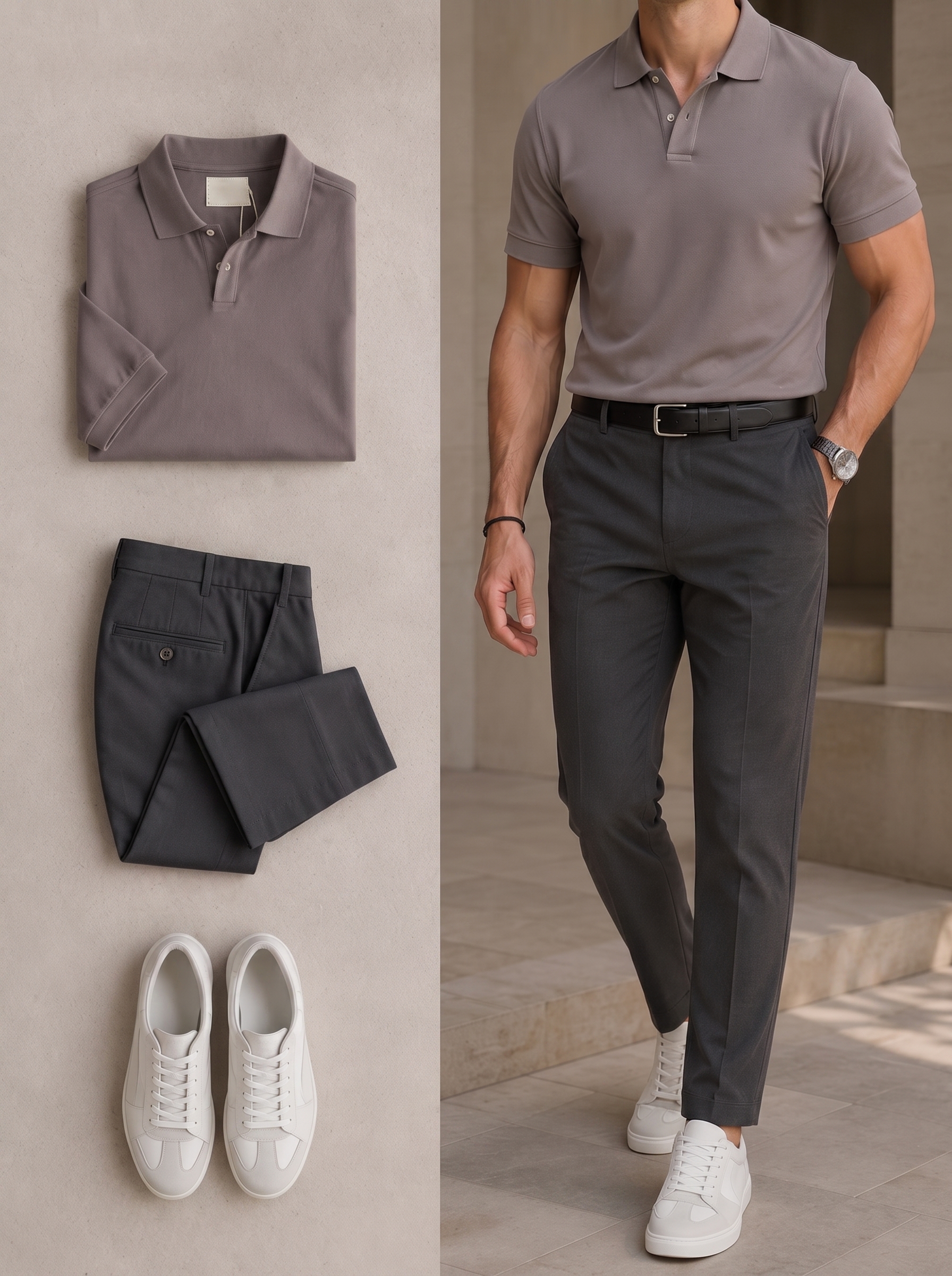 Men's Casual Gray Purple & Dark Gray Khaki Color Short Sleeves Polo Shirt & Pants Two Piece Set