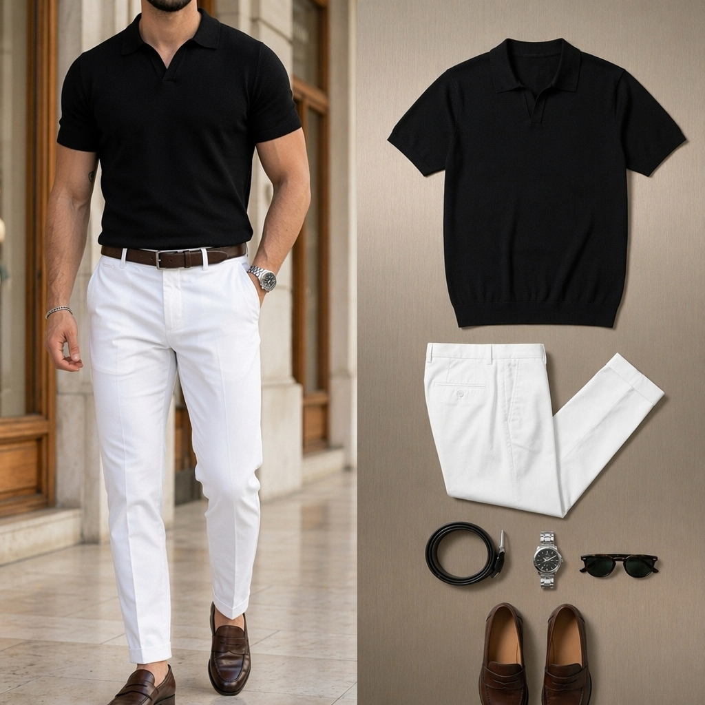 Men's Navy Blue & White Color Matching Short Sleeves Polo Shirt & Pants Two-Piece Set