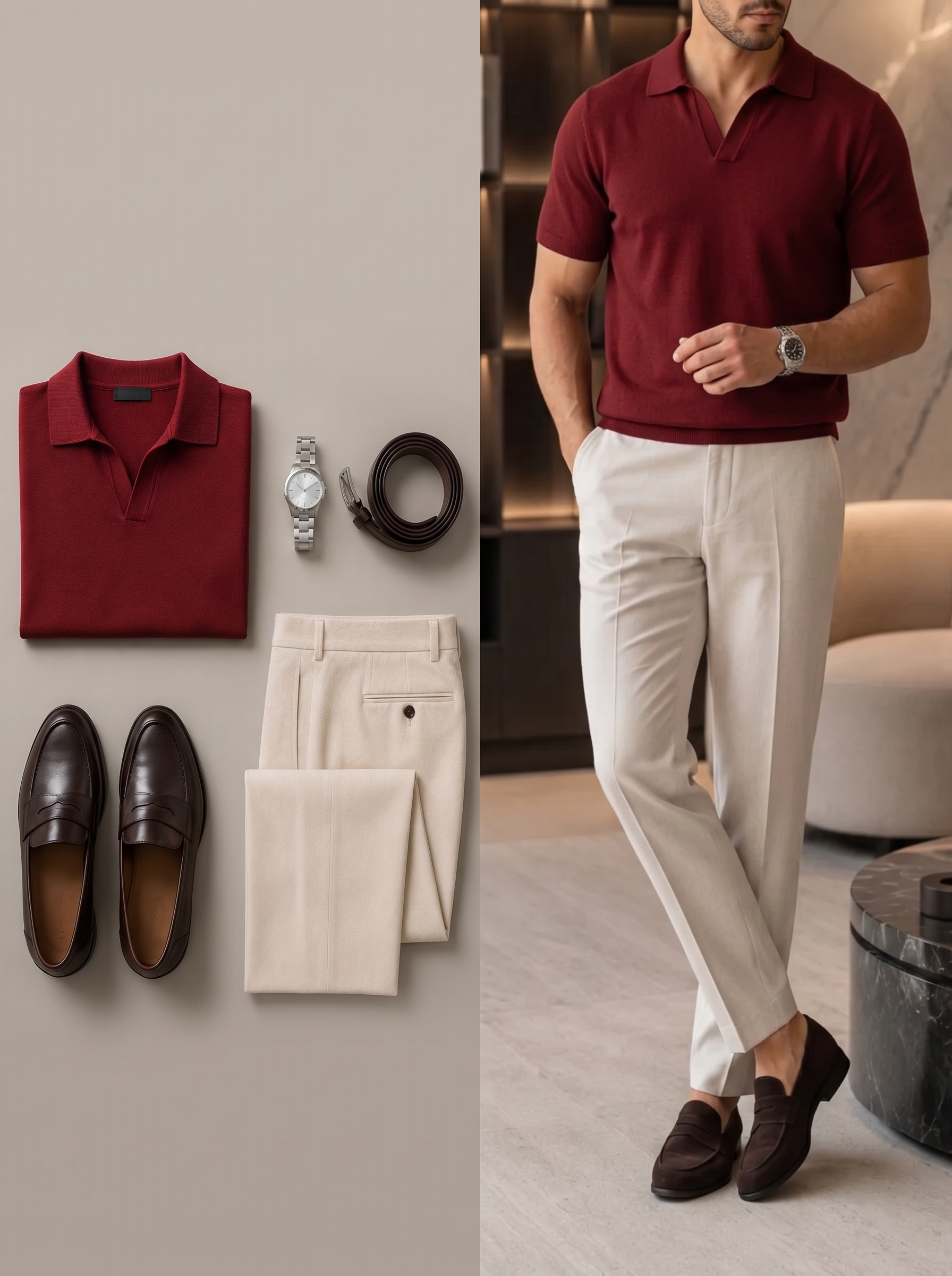 Men's Red & Apricot Short Sleeves Polo Shirt & Chino Pants Two-Piece Set