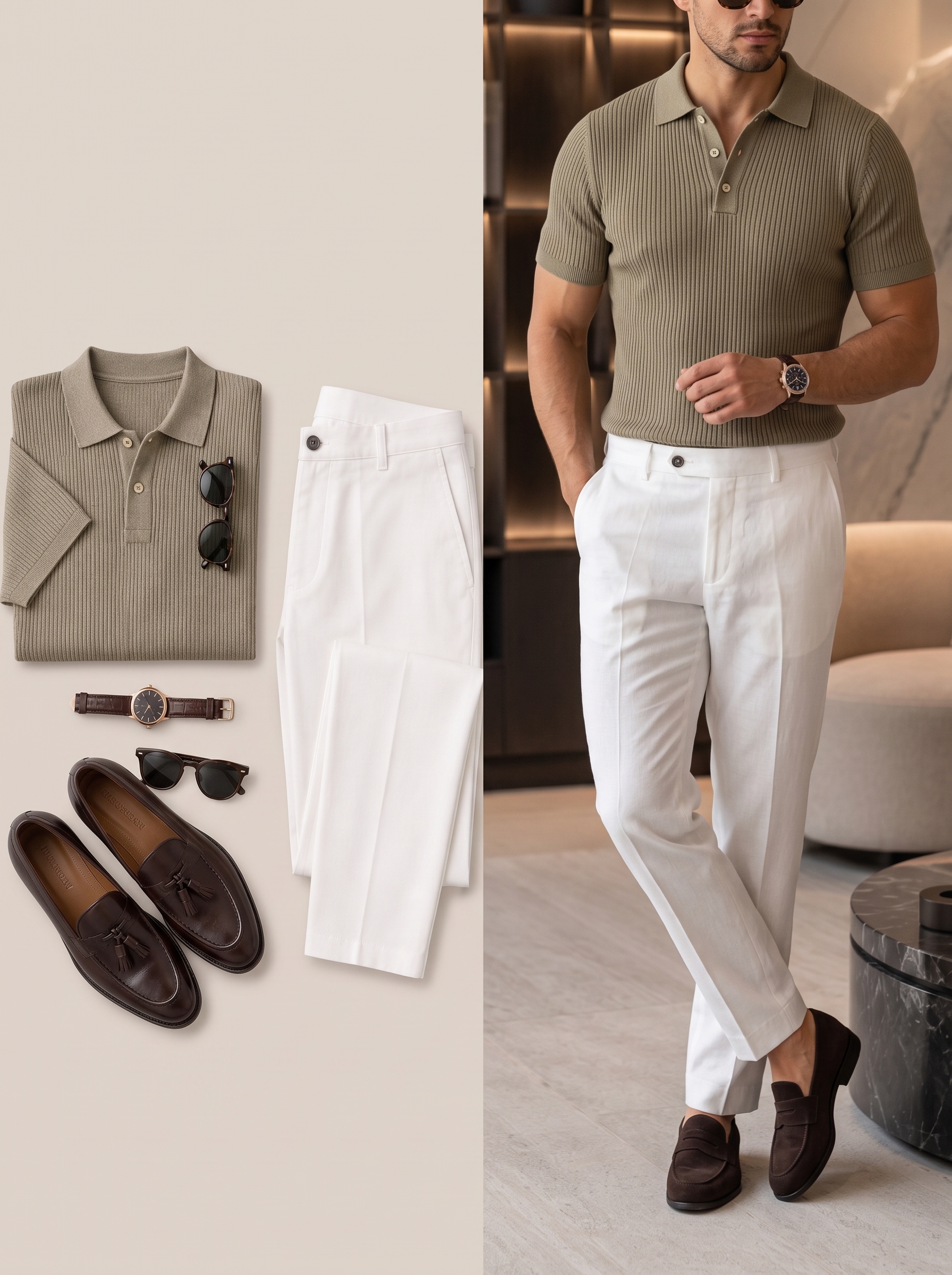 Men's Mint & White Short Sleeves Polo Shirt & Chino Pants Two-Piece Set