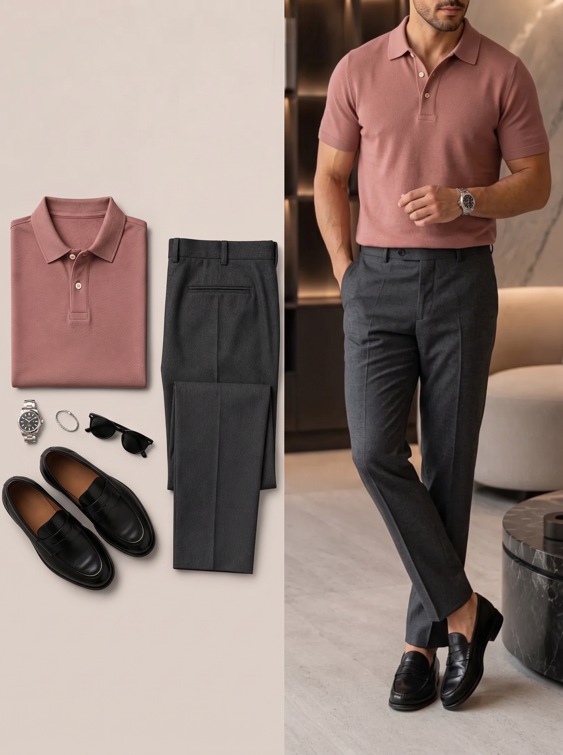 Men's Pink & Gray Short Sleeves Polo Shirt & Chino Pants Two-Piece Set