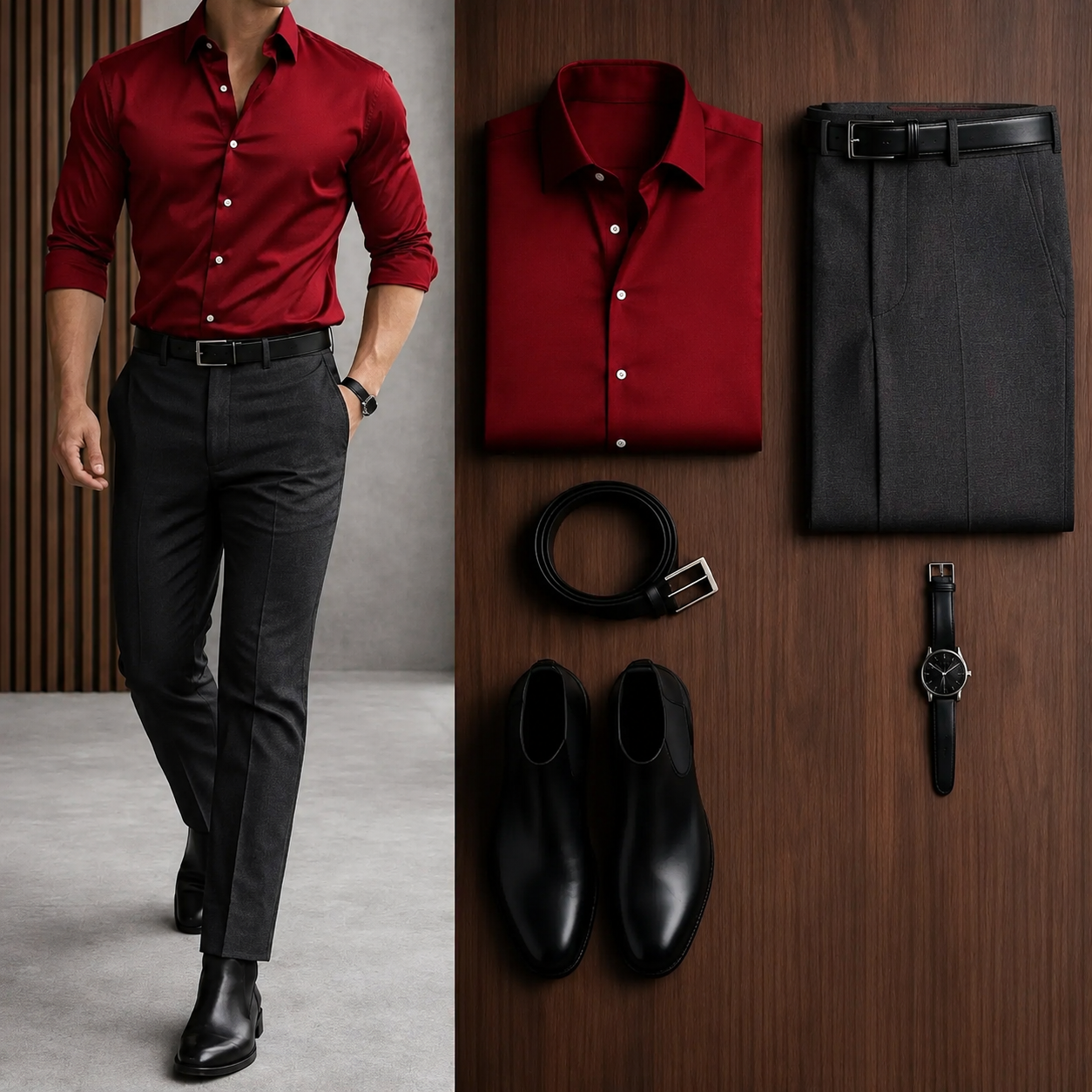 Men's Casual Red Long Sleeve Shirt & Gray Chinos Two-Piece Set