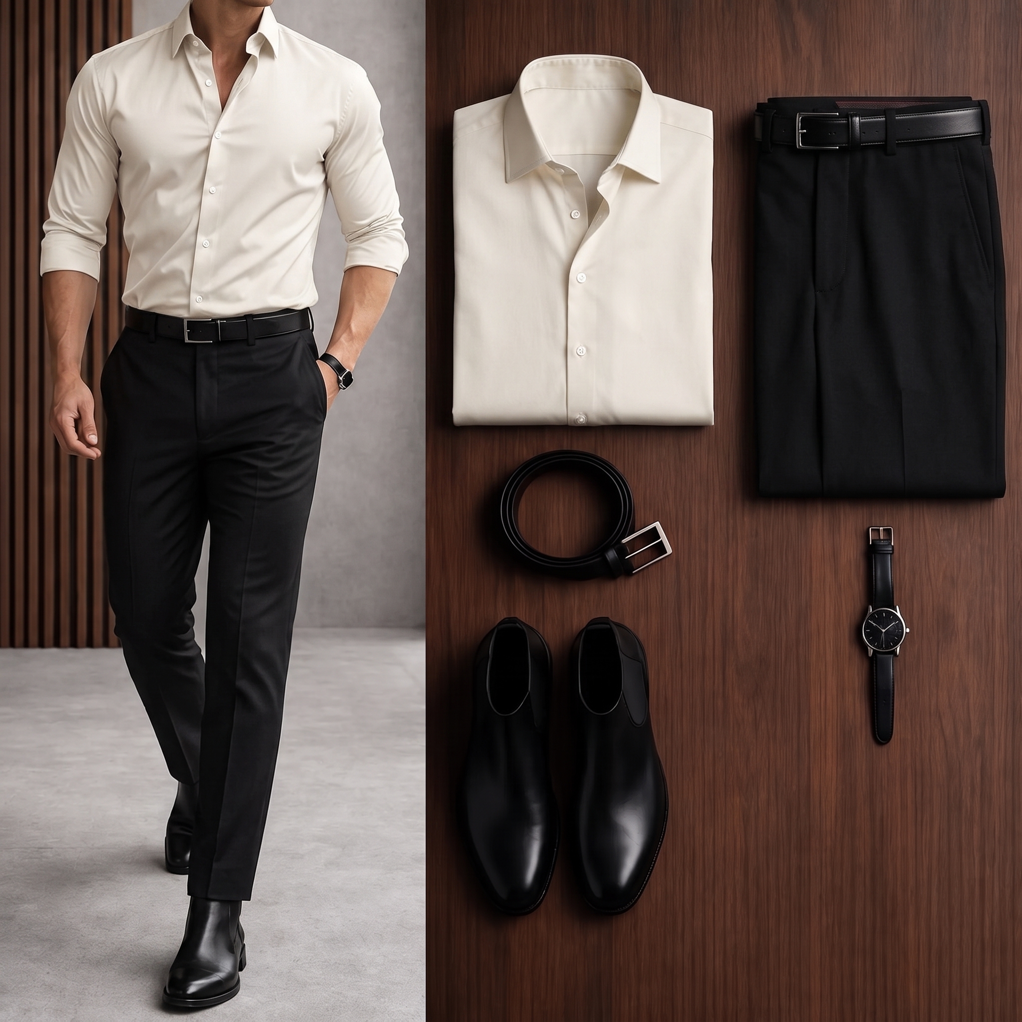 Men's Casual Apricot Long Sleeve Shirt & Black Chinos Two-Piece Set
