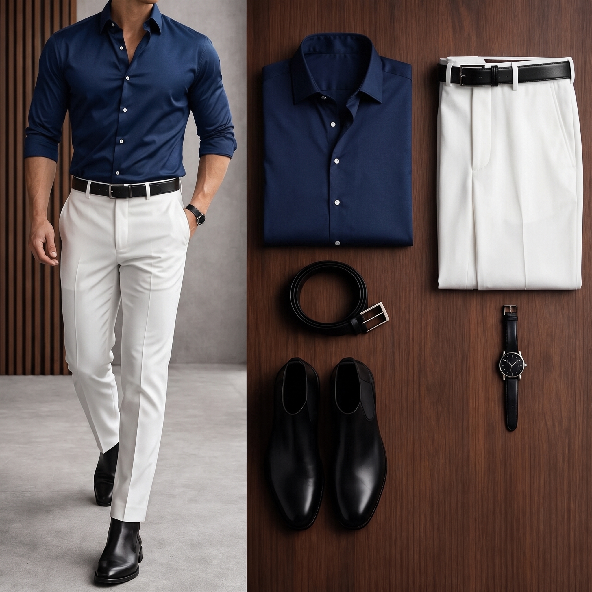 Men's Casual Navy Blue Long Sleeve Shirt & White Chinos Two-Piece Set