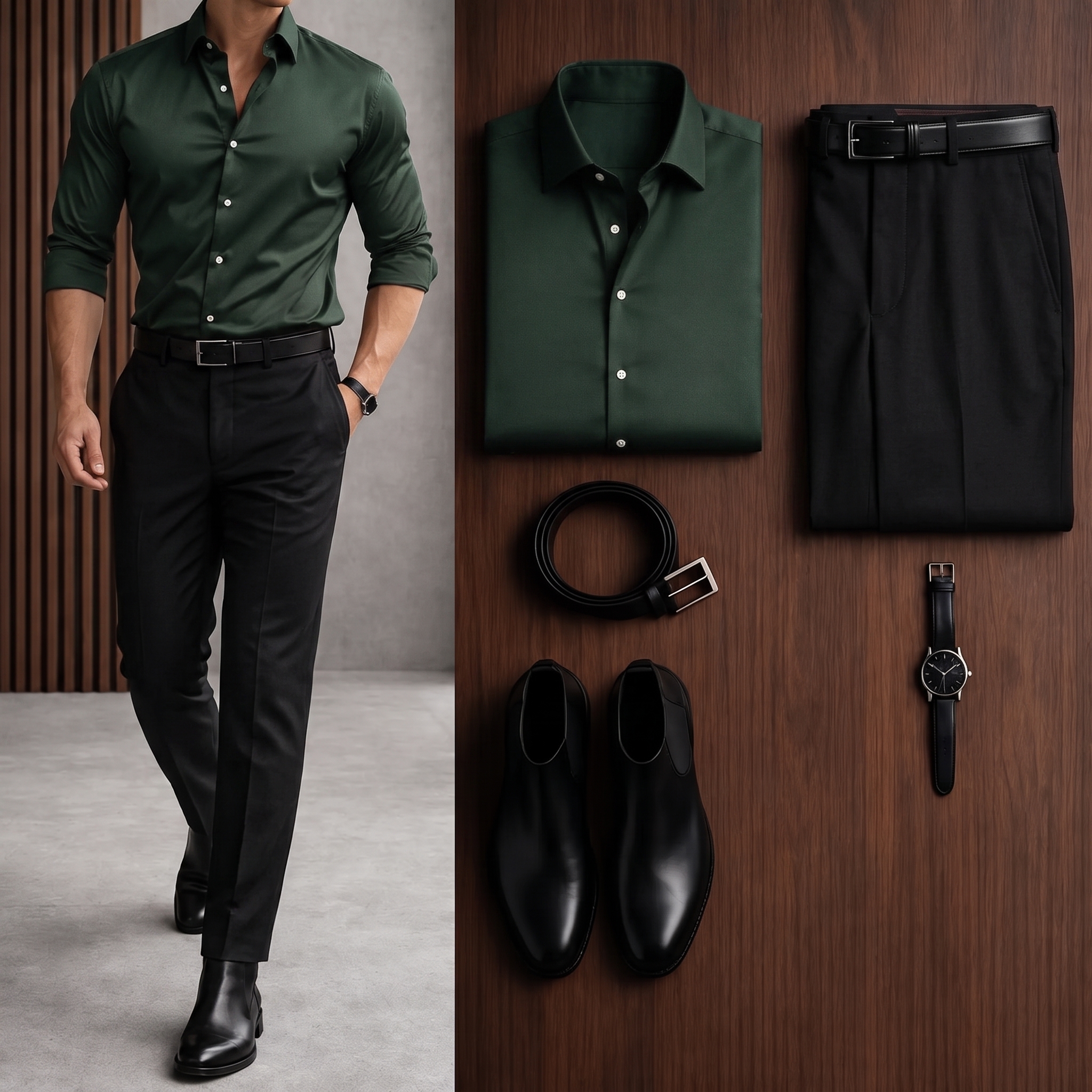 Men's Casual Green Long Sleeve Shirt & Black Chinos Two-Piece Set