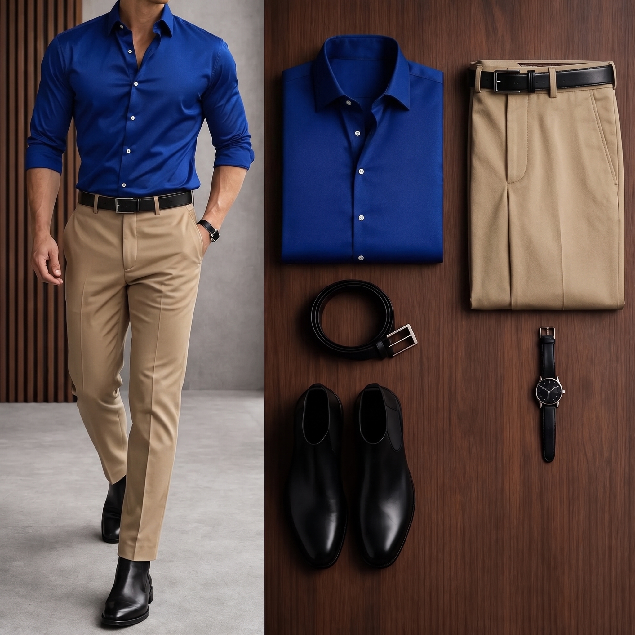 Men's Casual Royal Blue Long Sleeve Shirt & Khaki Chinos Two-Piece Set