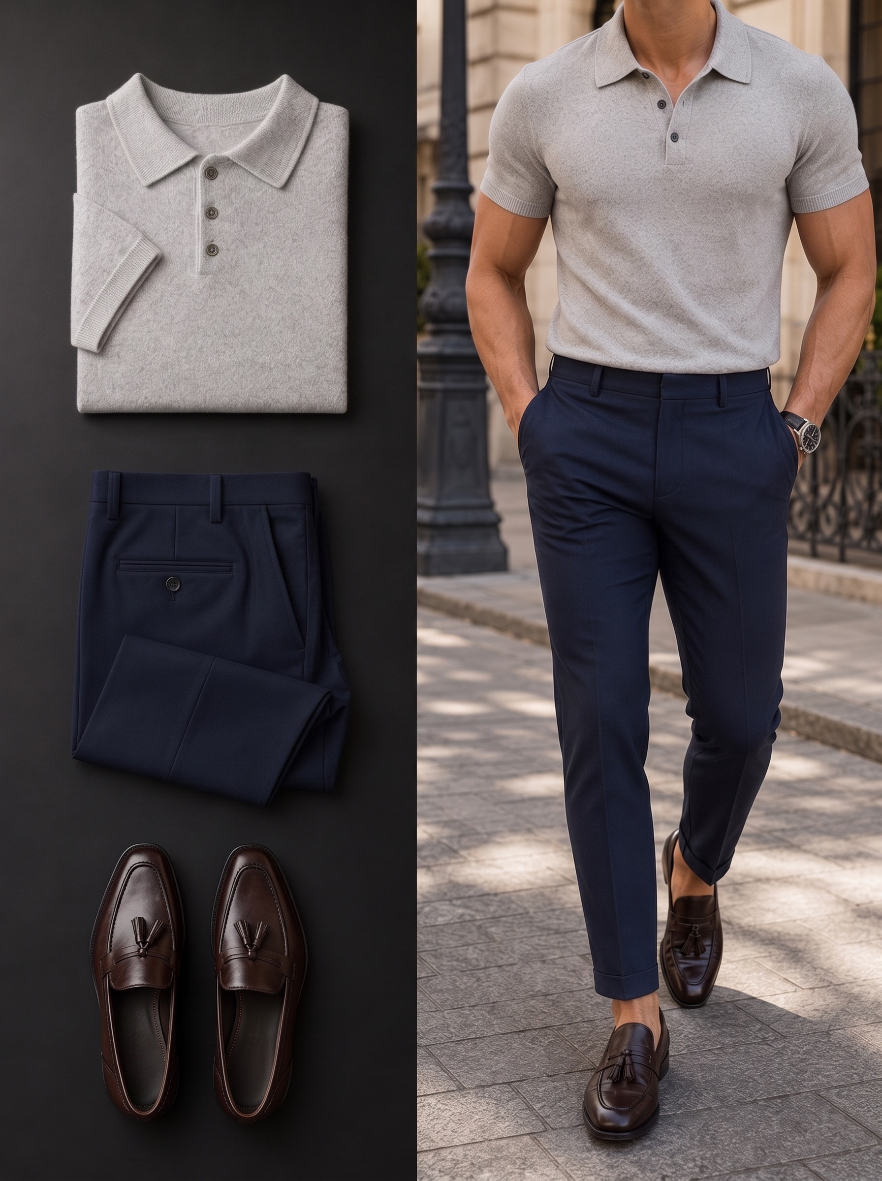 Men's Gray Retro Style Short Sleeves Polo Shirt & Navy Pants Two-Piece Set