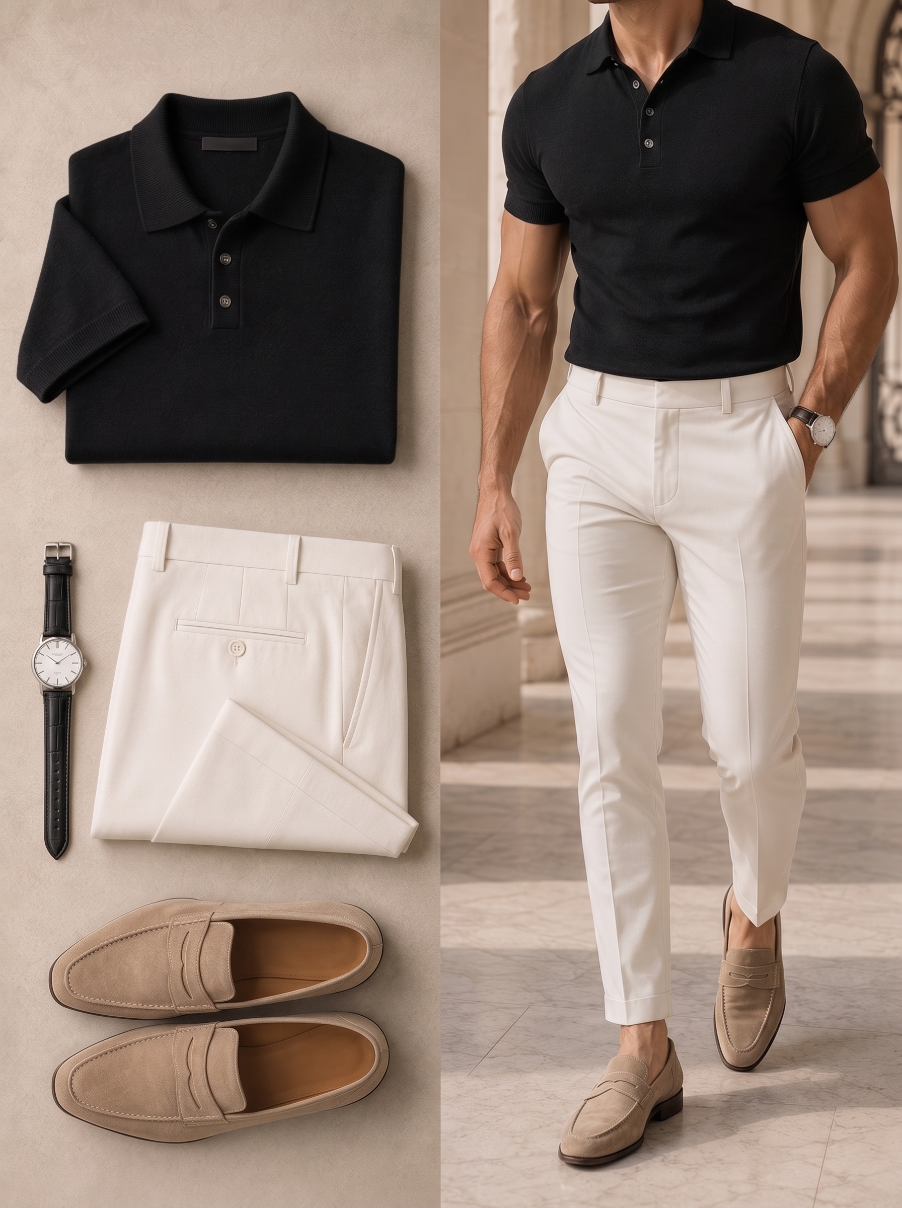 Men's Black Retro Style Short Sleeves Polo Shirt & Pants Two-Piece Set