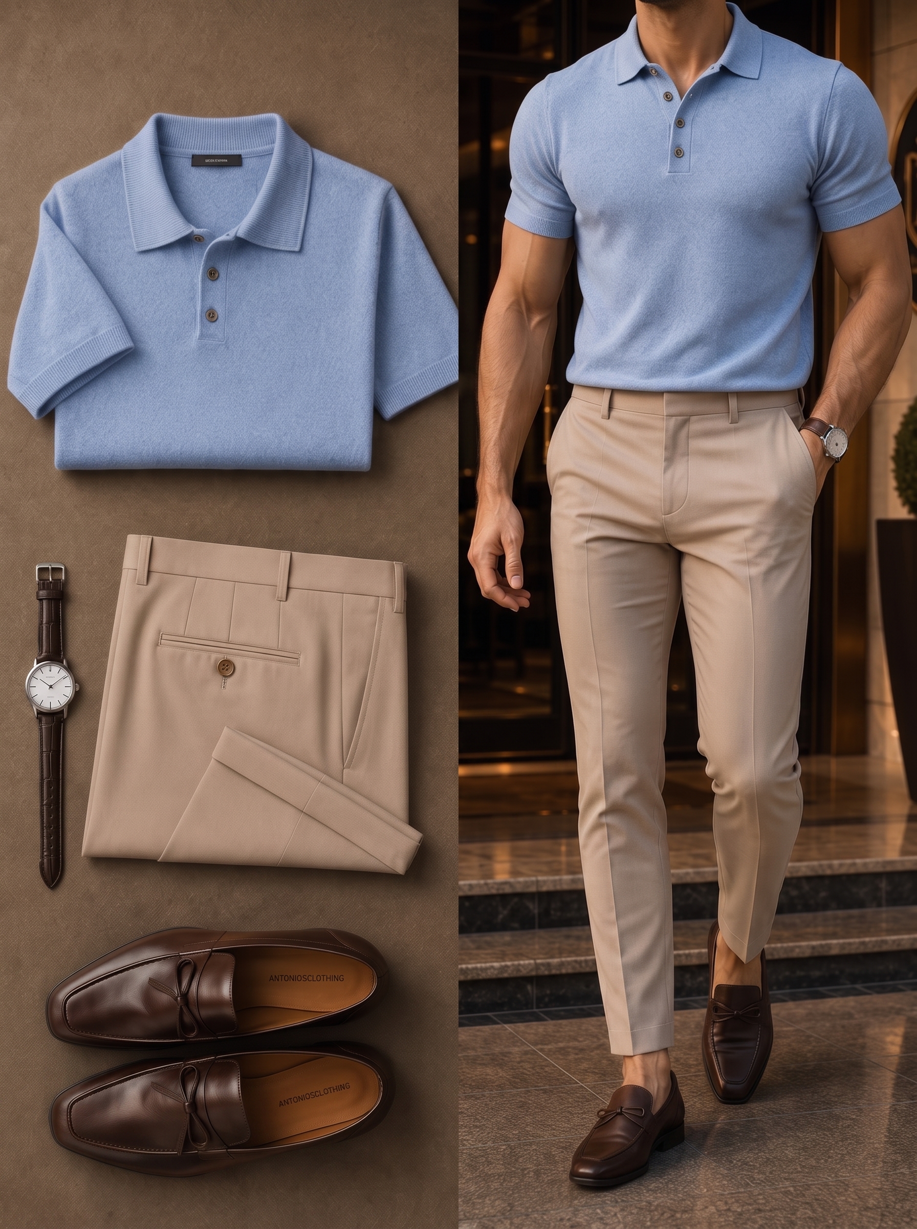Men's Blue Retro Style Short Sleeves Polo Shirt & Pants Two-Piece Set