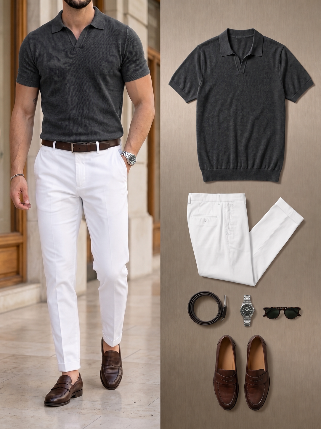 Men's Navy Blue & White Color Matching Short Sleeves Polo Shirt & Pants Two-Piece Set