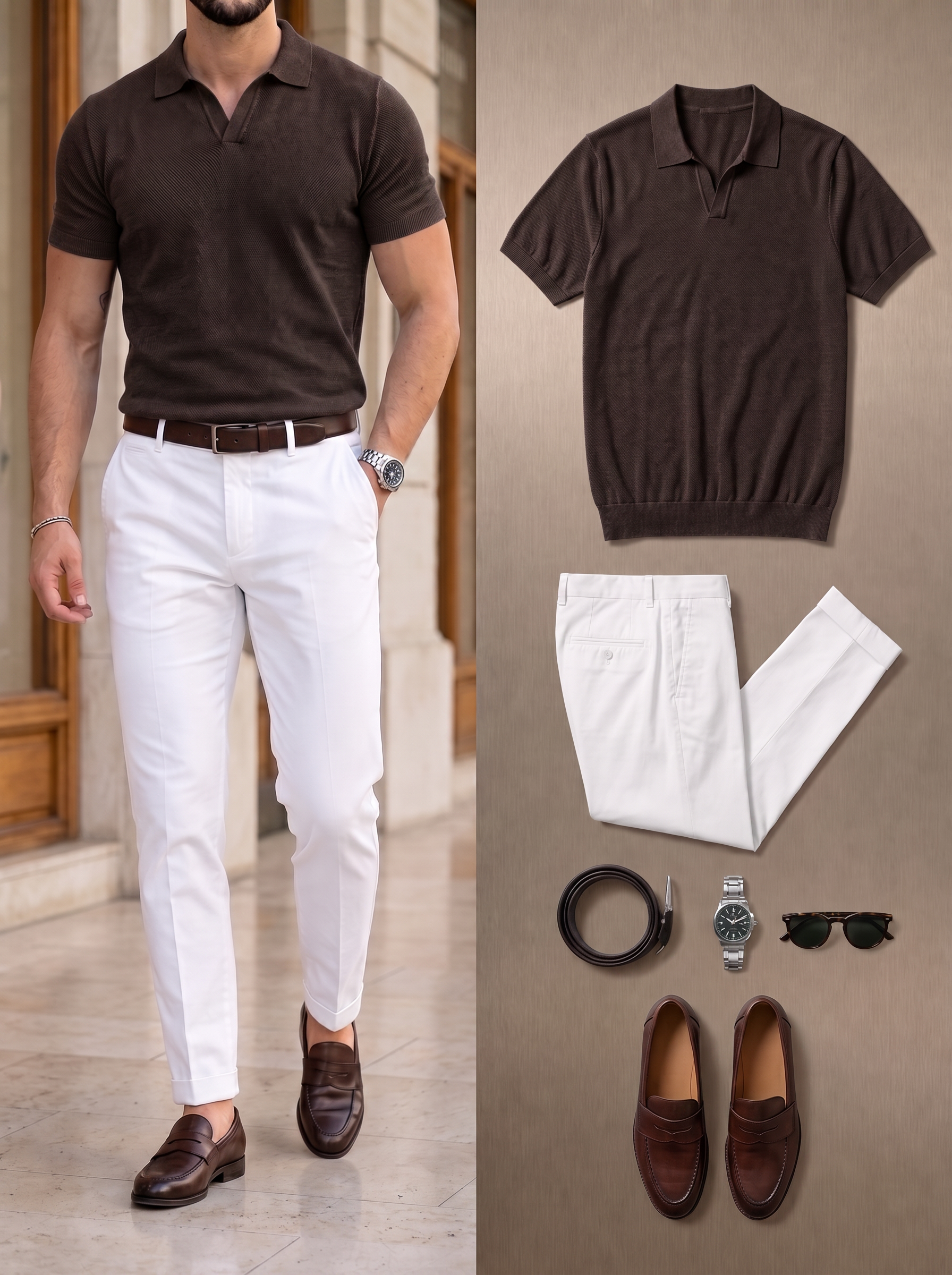 Men's Navy Blue & White Color Matching Short Sleeves Polo Shirt & Pants Two-Piece Set