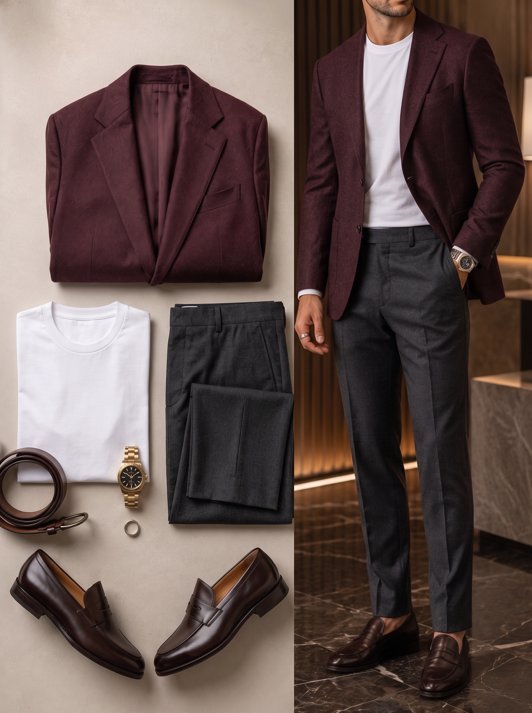 Men's Casual Business Burgundy & White & Gray Color Matching Short Sleeves Polo Shirt & Pants & Blazer 3pcs Set