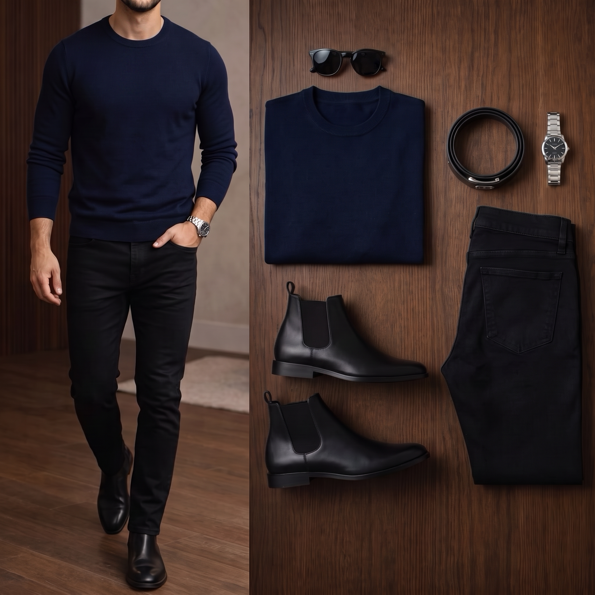 Men's Casual Color Matching Navy Blue Long Sleeves Knit T-Shirt & Black Jeans Two Piece Set