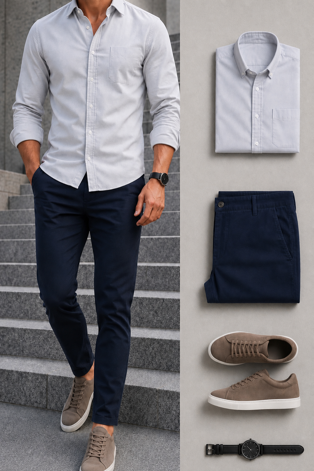Men's Color Matching Light Gray Long-Sleeve Shirt & Navy Chino Pants Two-Piece Set