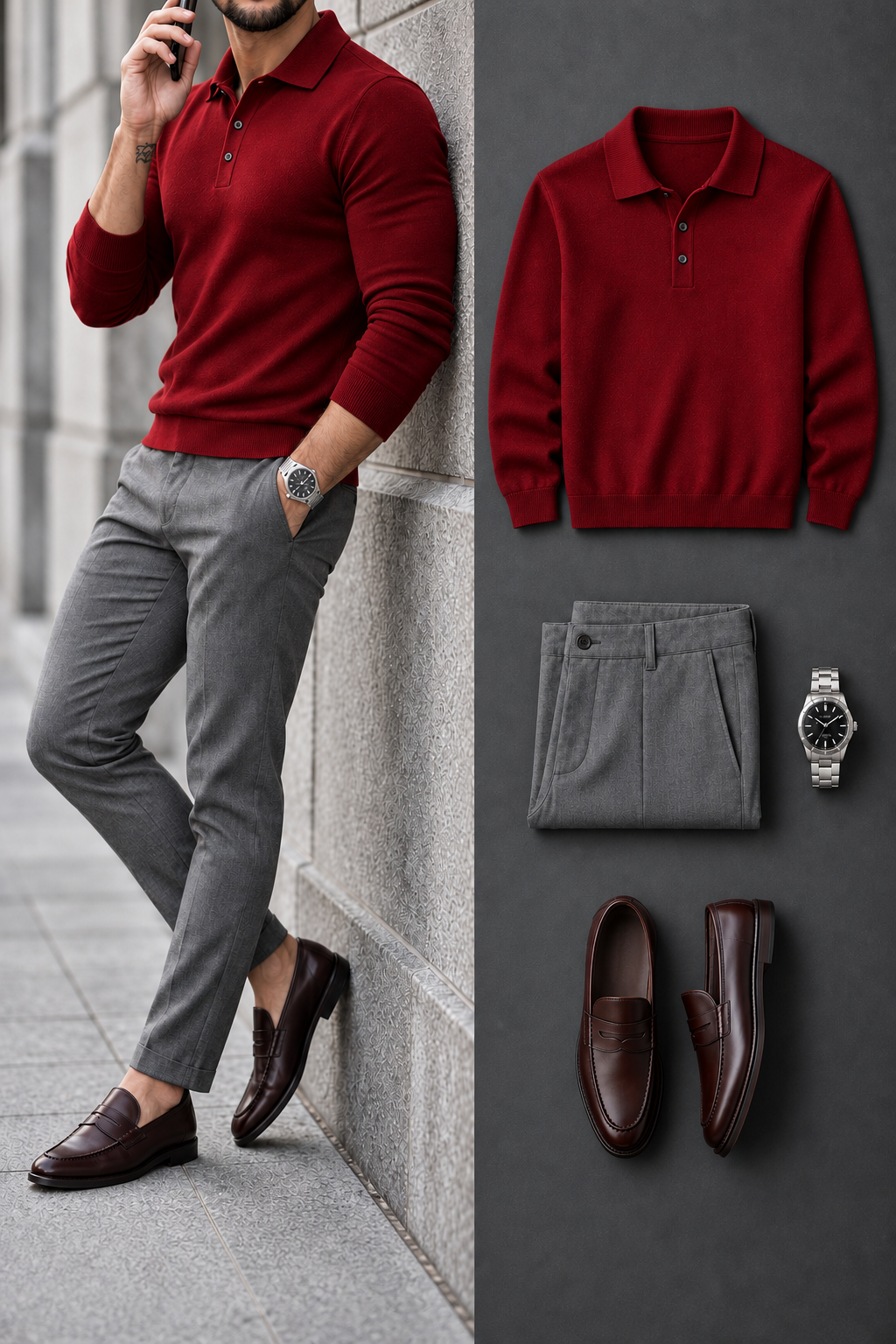 Men's Color Matching Long-Sleeve Polo Shirt & Chino Pants Two-Piece Set