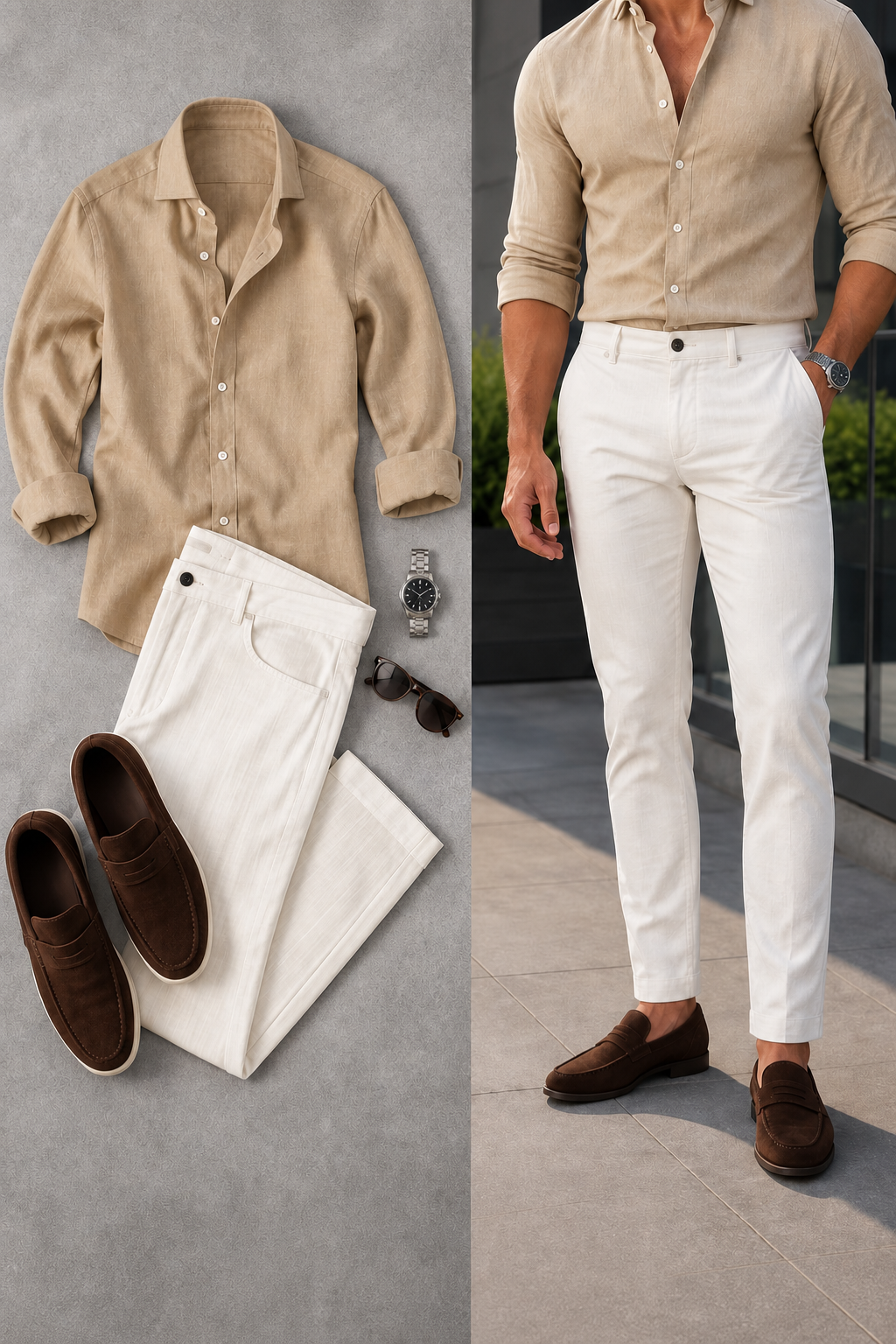 Men's Color Matching Apricot Long-Sleeve Shirt & White Chino Pants Two-Piece Set