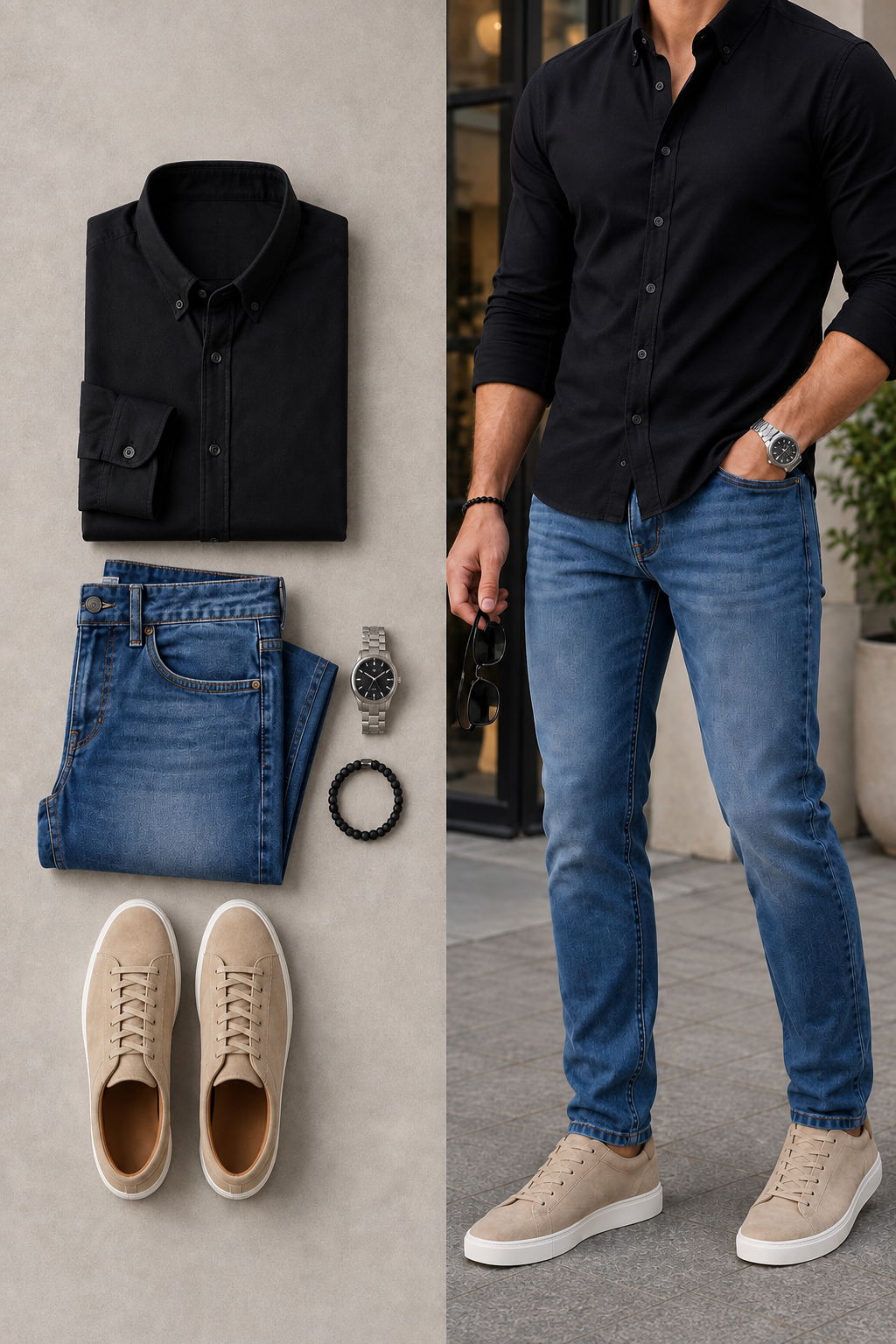 Men's Color Matching Black Long-Sleeve Shirt & Denim Blue Jeans Pants Two-Piece Set