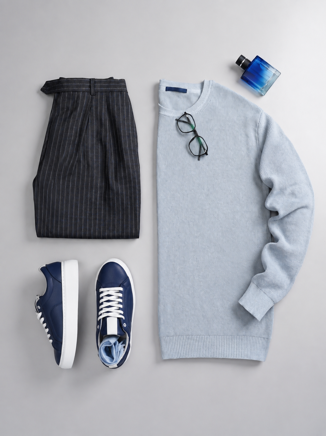 Men's Light Blue Long Sleeves T-Shirt & Dark Gray Striped Chino Pants Two Piece Set