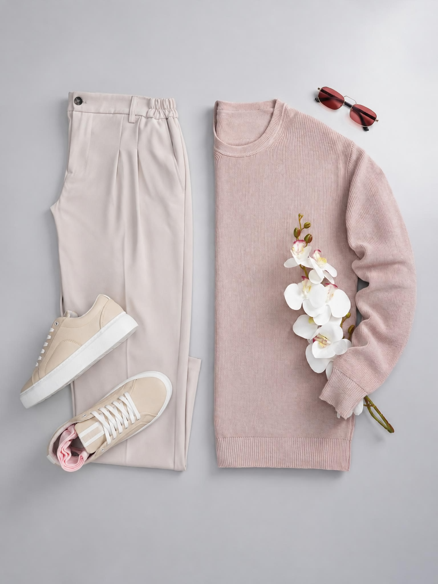 Men's Light Pink Long Sleeves T-Shirt & Apricot Chino Pants Two Piece Set