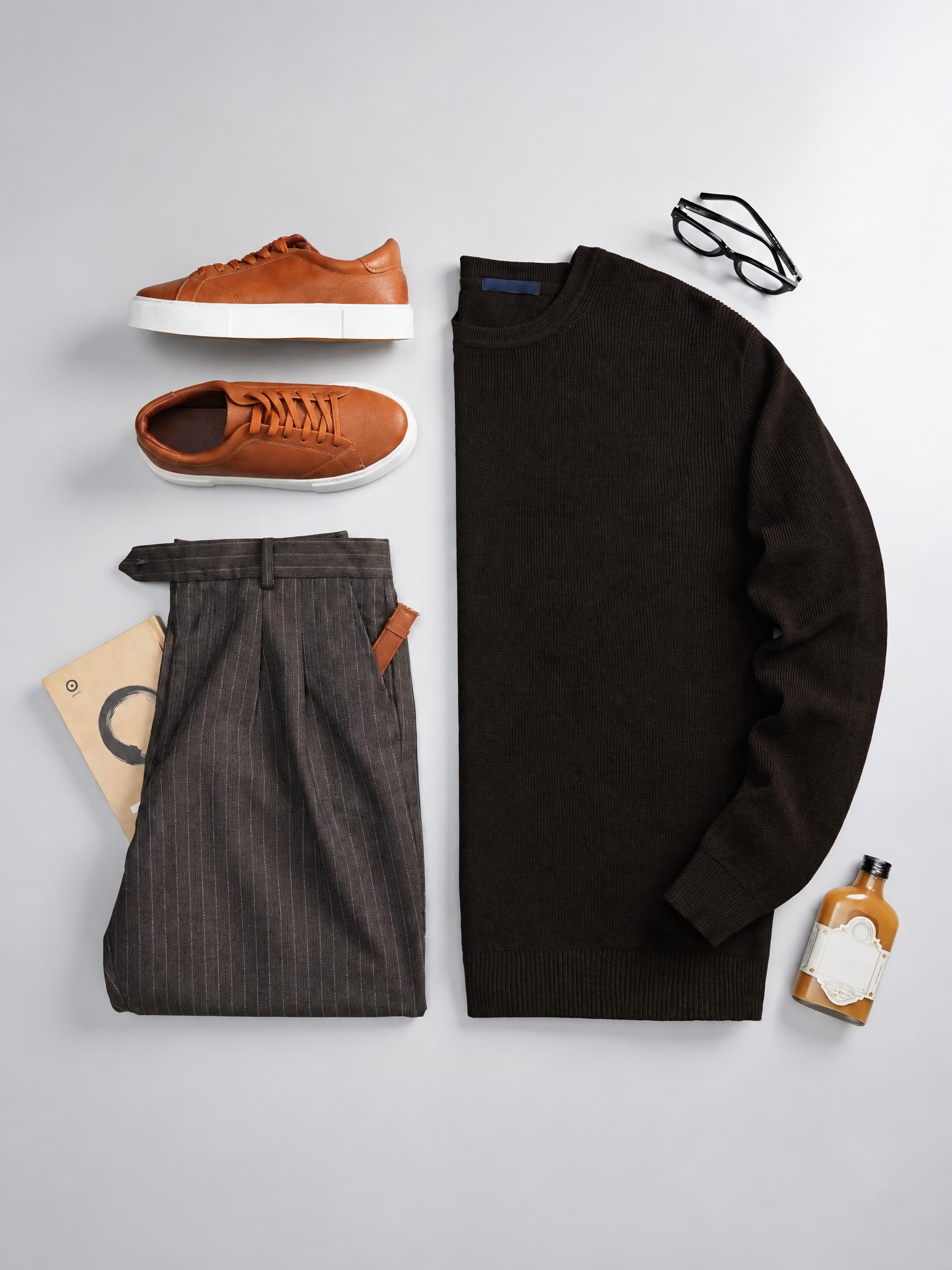 Men's Coffee Long Sleeves T-Shirt & Striped Chino Pants Two Piece Set