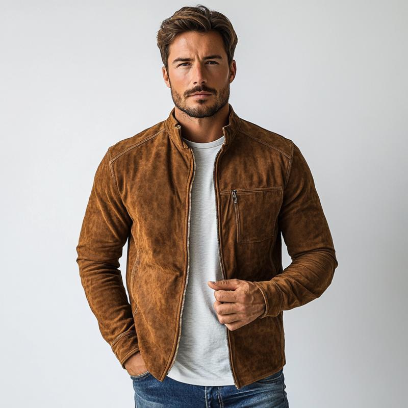 Men's Fashion Casual Suede Zipper Stand Collar Jacket