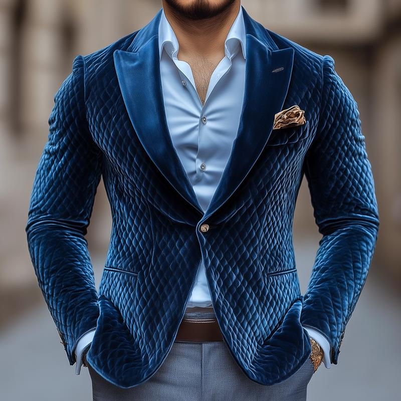 Men's Vintage Rhombus Velvet Peak Lapel One-button Casual Blazer