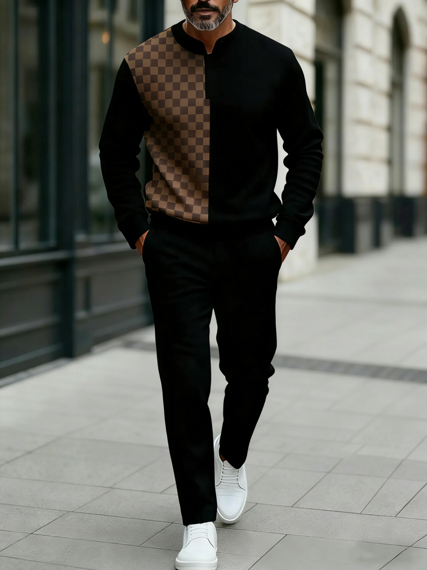 Men's Fashion Casual Geometric Print Long Sleeve Button Design Two-Pie