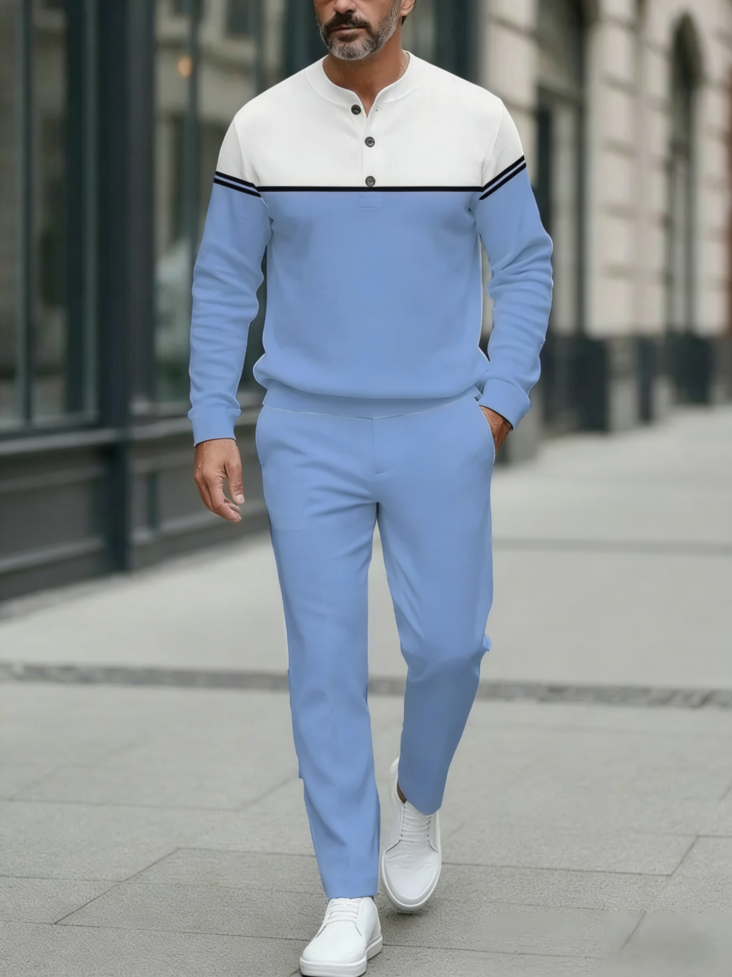 Men's Fashion Casual Geometric Print Long Sleeve Button Design Two-Pie