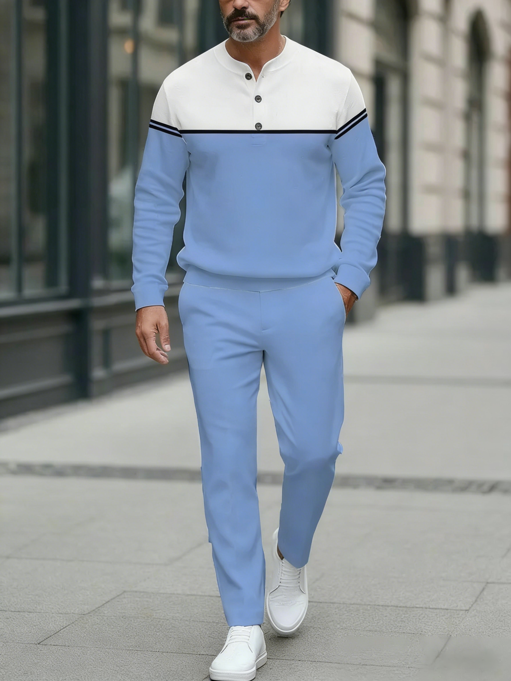 Men's Fashion Casual Geometric Print Long Sleeve Button Design Two-Pie