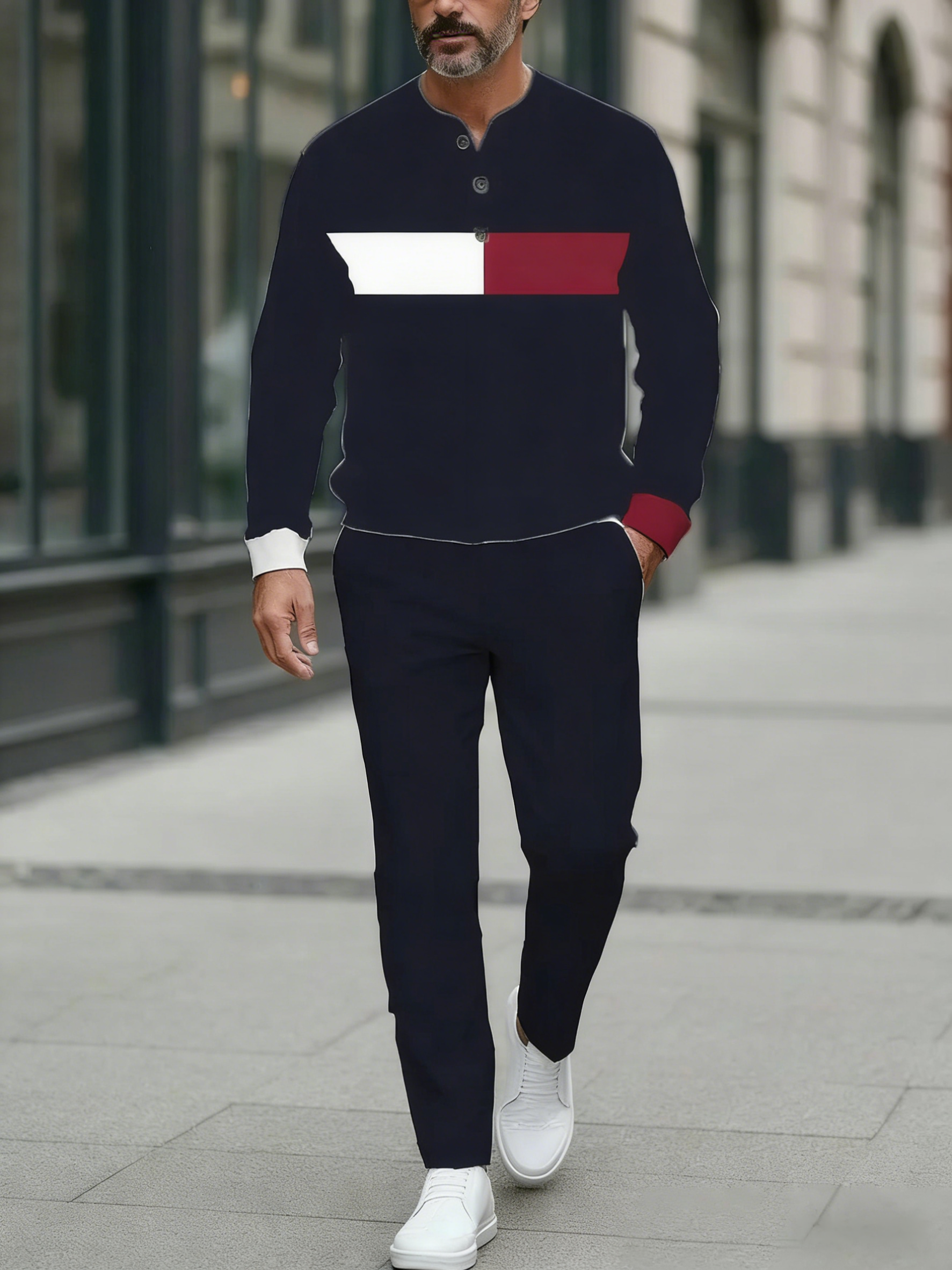 Men's Fashion Casual Geometric Print Long Sleeve Button Design Two-Piece Set