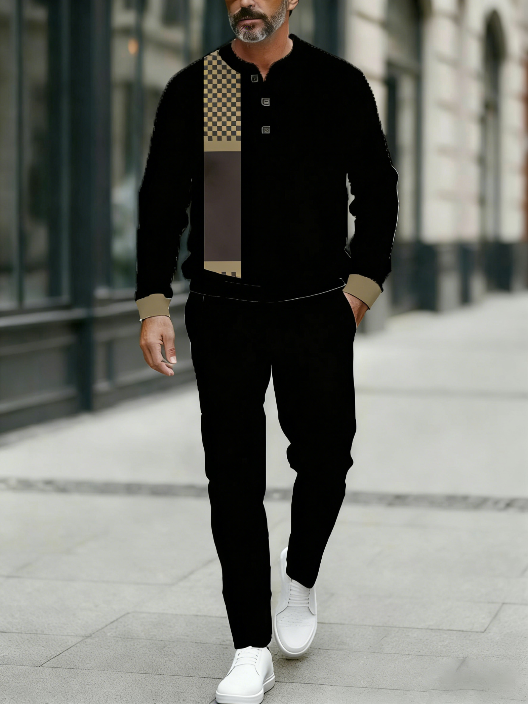 Men's Fashion Casual Geometric Print Long Sleeve Button Design Two-Piece Set