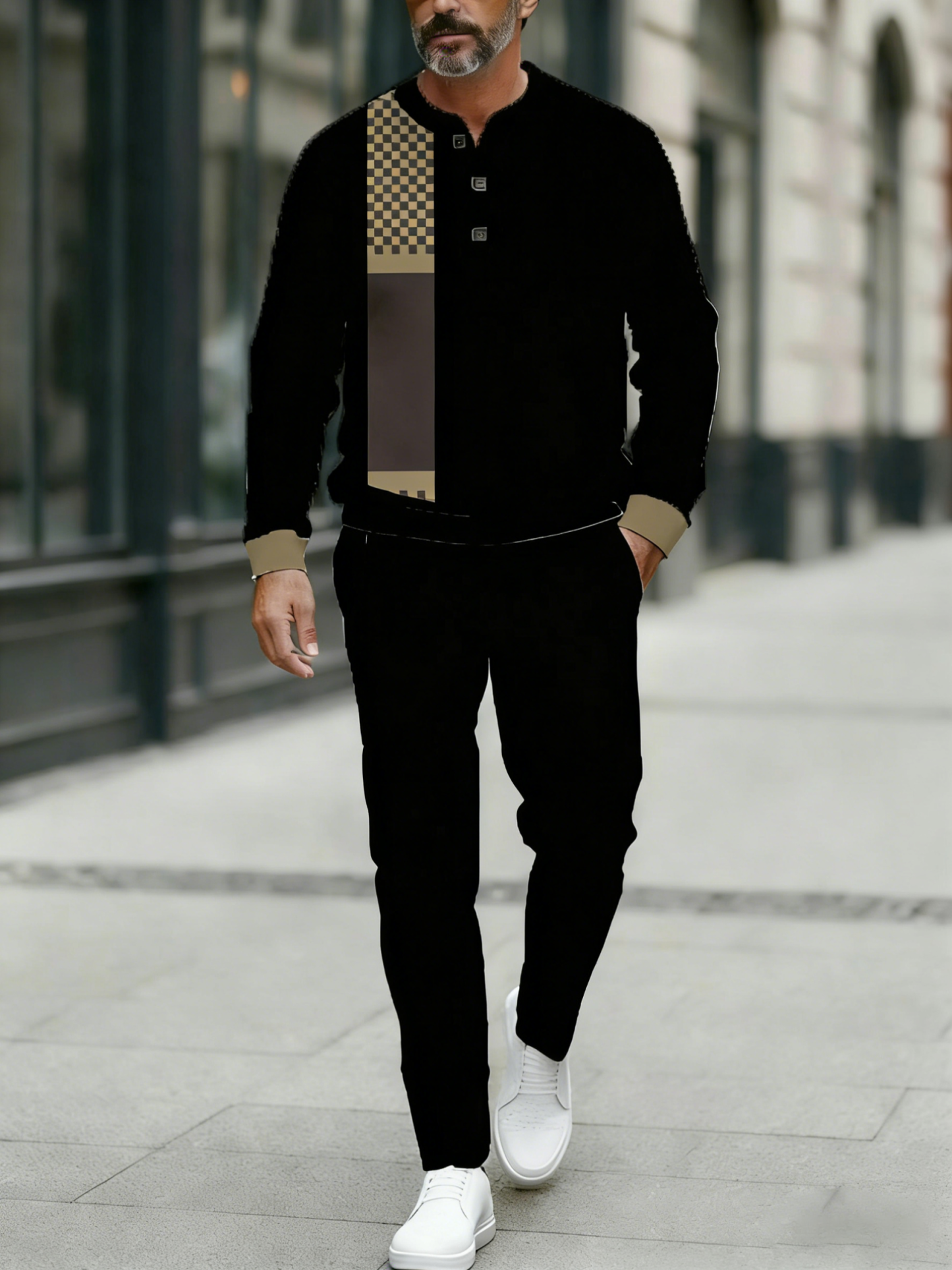 Men's Fashion Casual Geometric Print Long Sleeve Button Design Two-Pie
