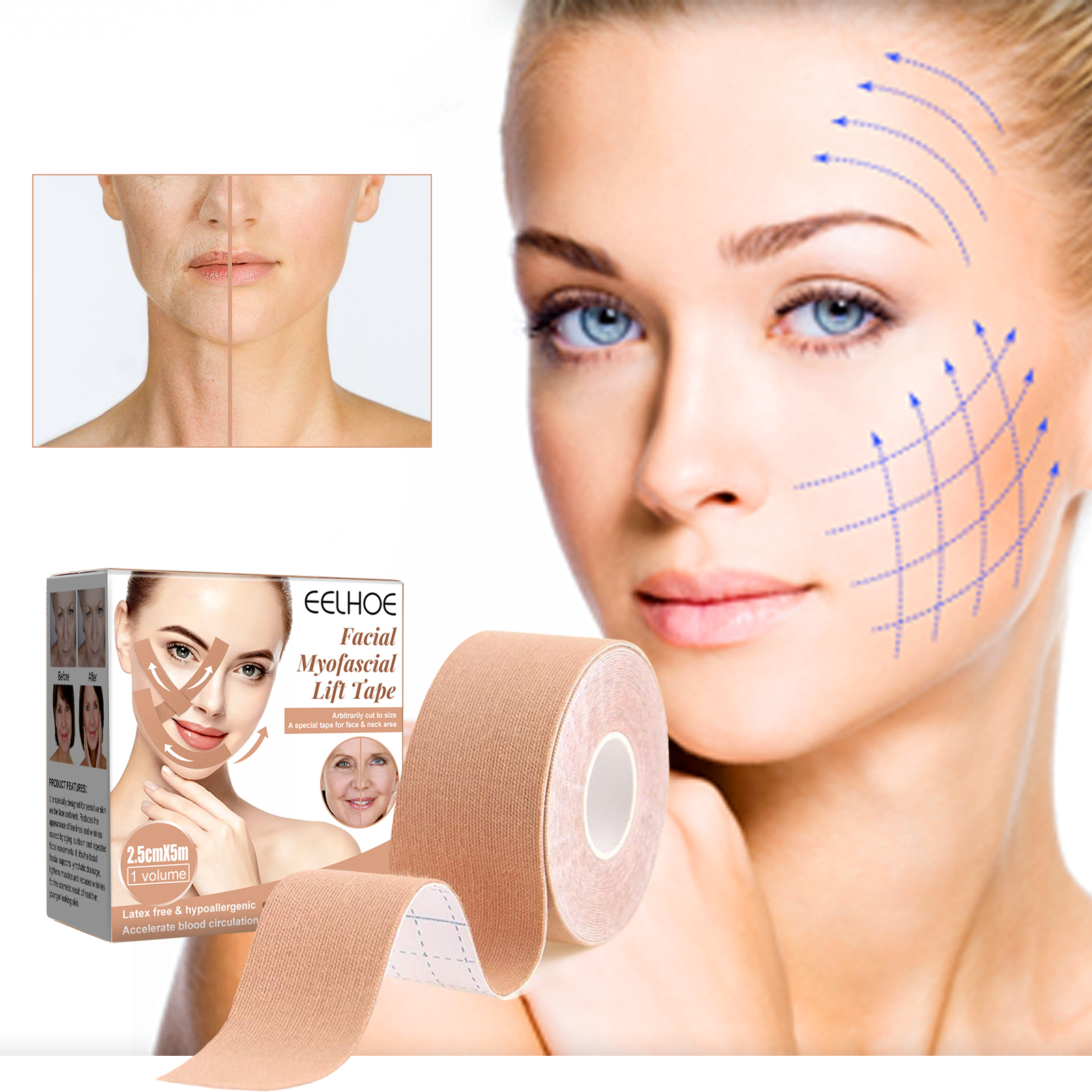 EELHOE myofascial facial tightening belt to prevent sagging and lift the chin V-shaped face breathable face lift patch-CLEJOY