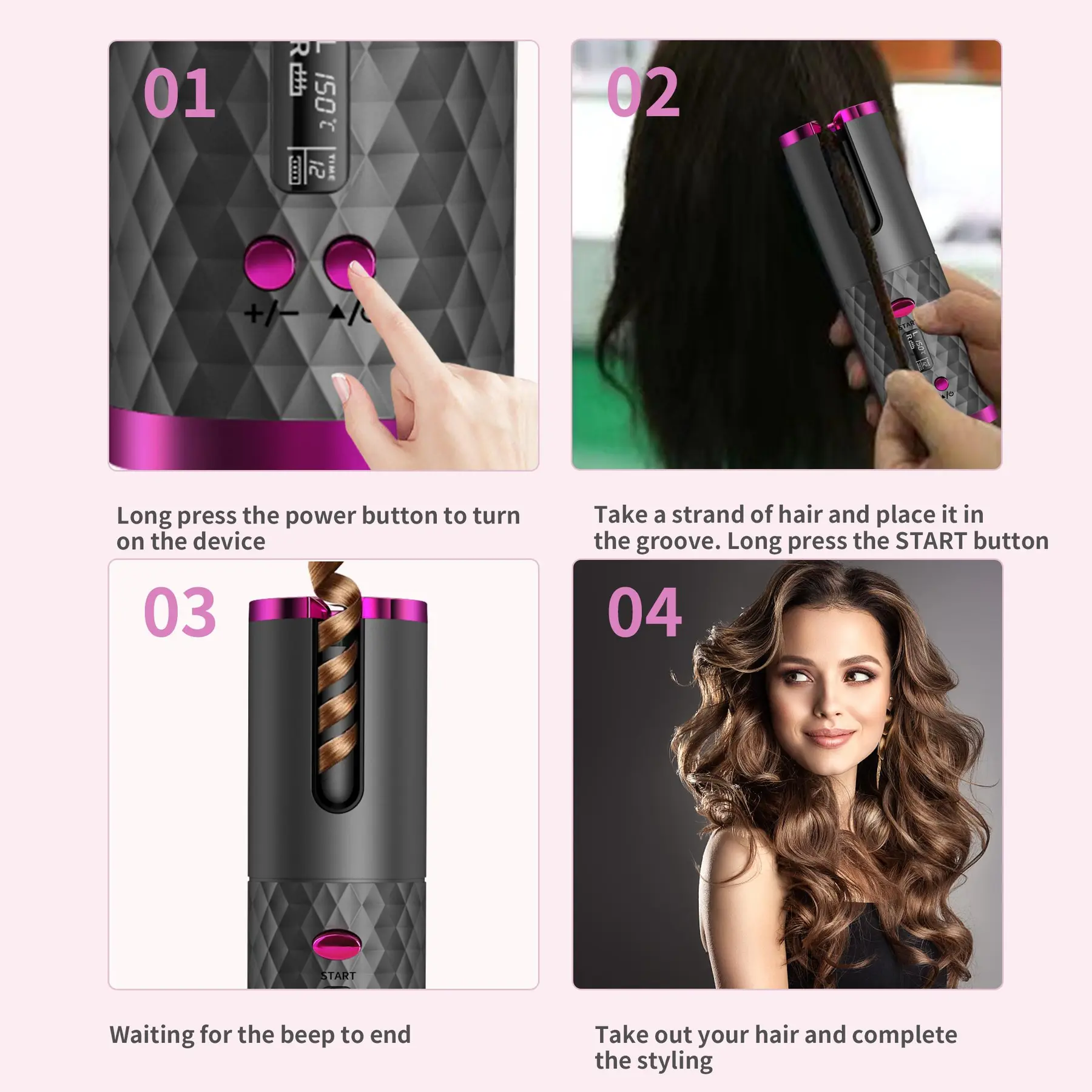 Compact fully automatic hair curler with rechargeable battery for styling on the go.