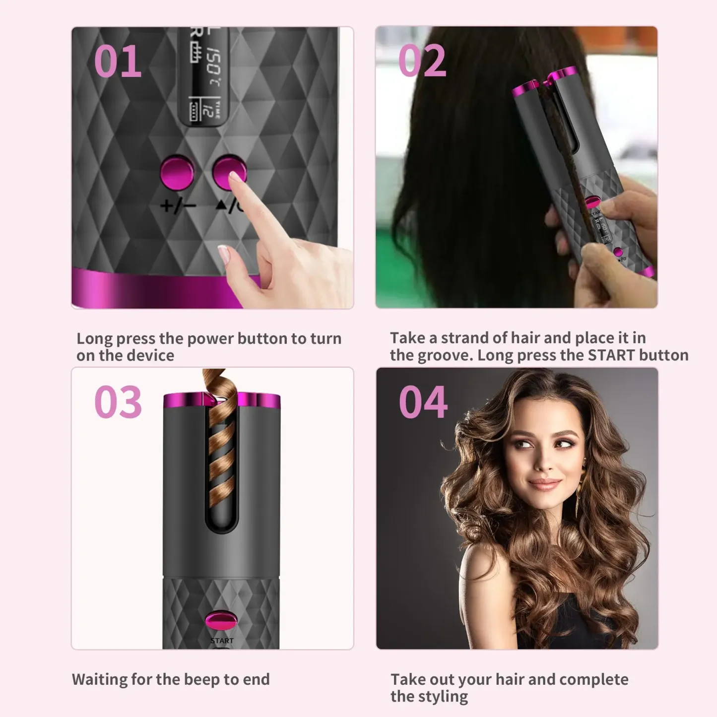Compact fully automatic hair curler with rechargeable battery for styling on the go.